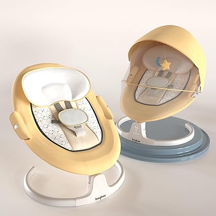 BAYBEE Lullabies Automatic Electric Baby Swing Cradle for Baby with Adjustable Swing Speed, Recline, Remote | Baby Rocker with Mosquito Net, Safety Belt, Music, & Toys | Swing for Baby (Yellow)