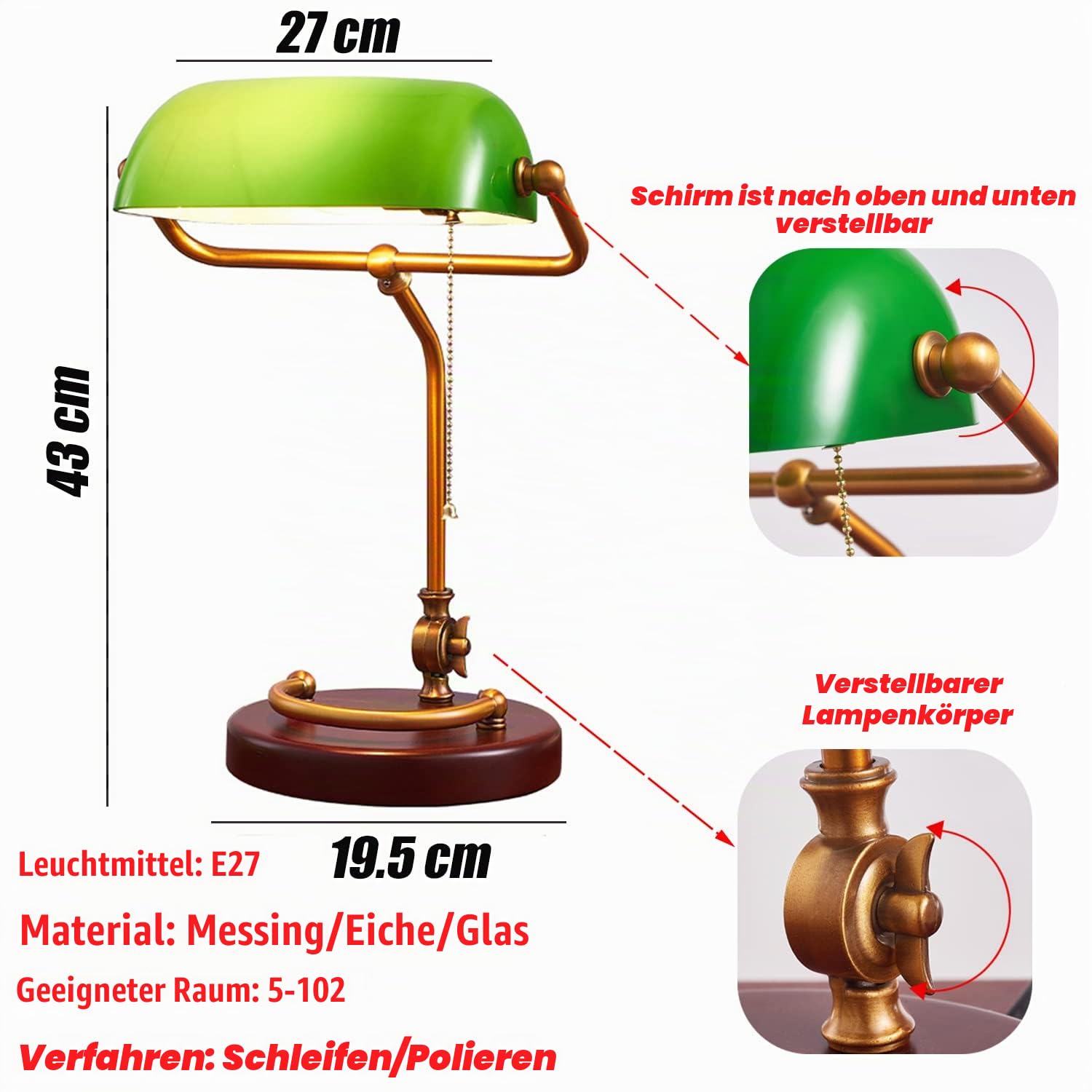 Traditionelle Bankerlampe Grünmit Zugschalter, Retro Schreibtischlampe Bankers Lamp, Messing Finish, mit Nostalgie Grün Glasschirm Und Holzfuß, E27 Nachttischlampe Verstellbar Bürolampe,Inkl Glühlampe