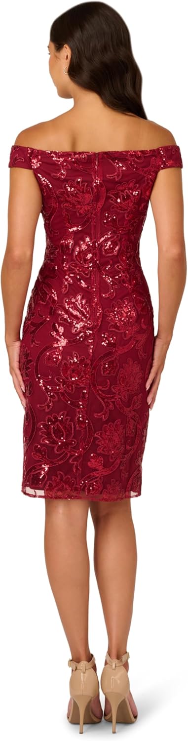 Adrianna Papell Studio Women's Off Shoulder Sheath Dress, Garnet, 10 - Image 2