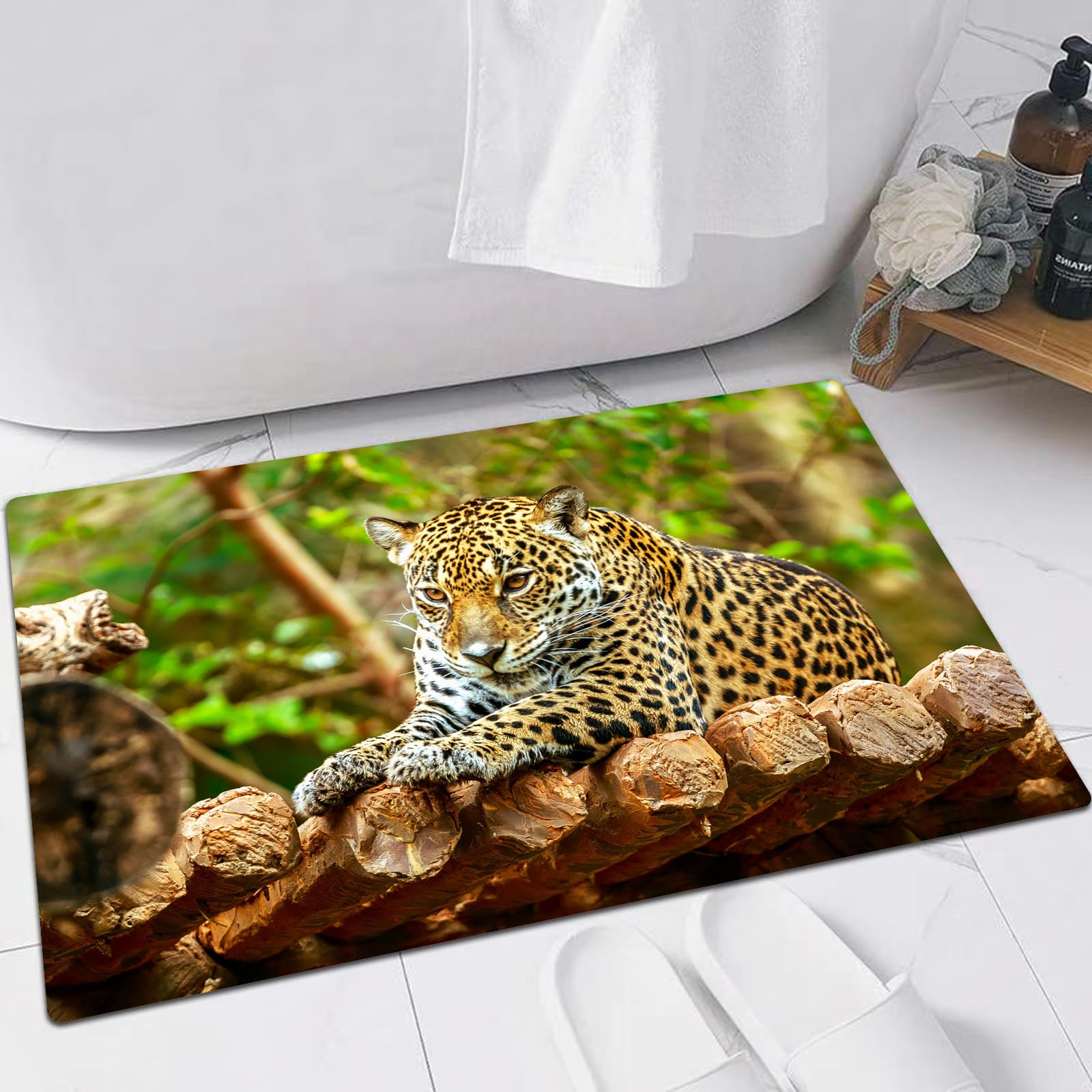 EMFSLA Bath Mat 16x24 in,Leopard on a background of branches and leaves at the zoo,Non-Slip Bathroom Mat Machine-Washable,Ultra Soft and Water Absorbent Bath Rug for Bathroom