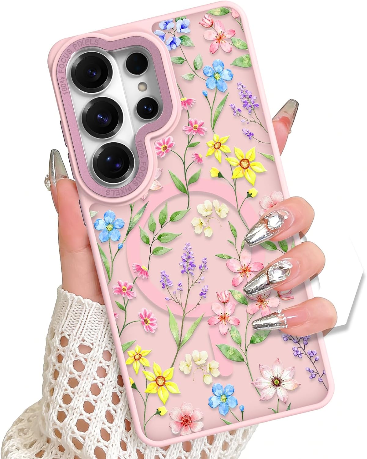 for Samsung Galaxy S26 Ultra Case, Compatible with MagSafe, Cute Pink Floral Garden Design Frosted Shockproof Magnetic Phone Cover for Women Girls