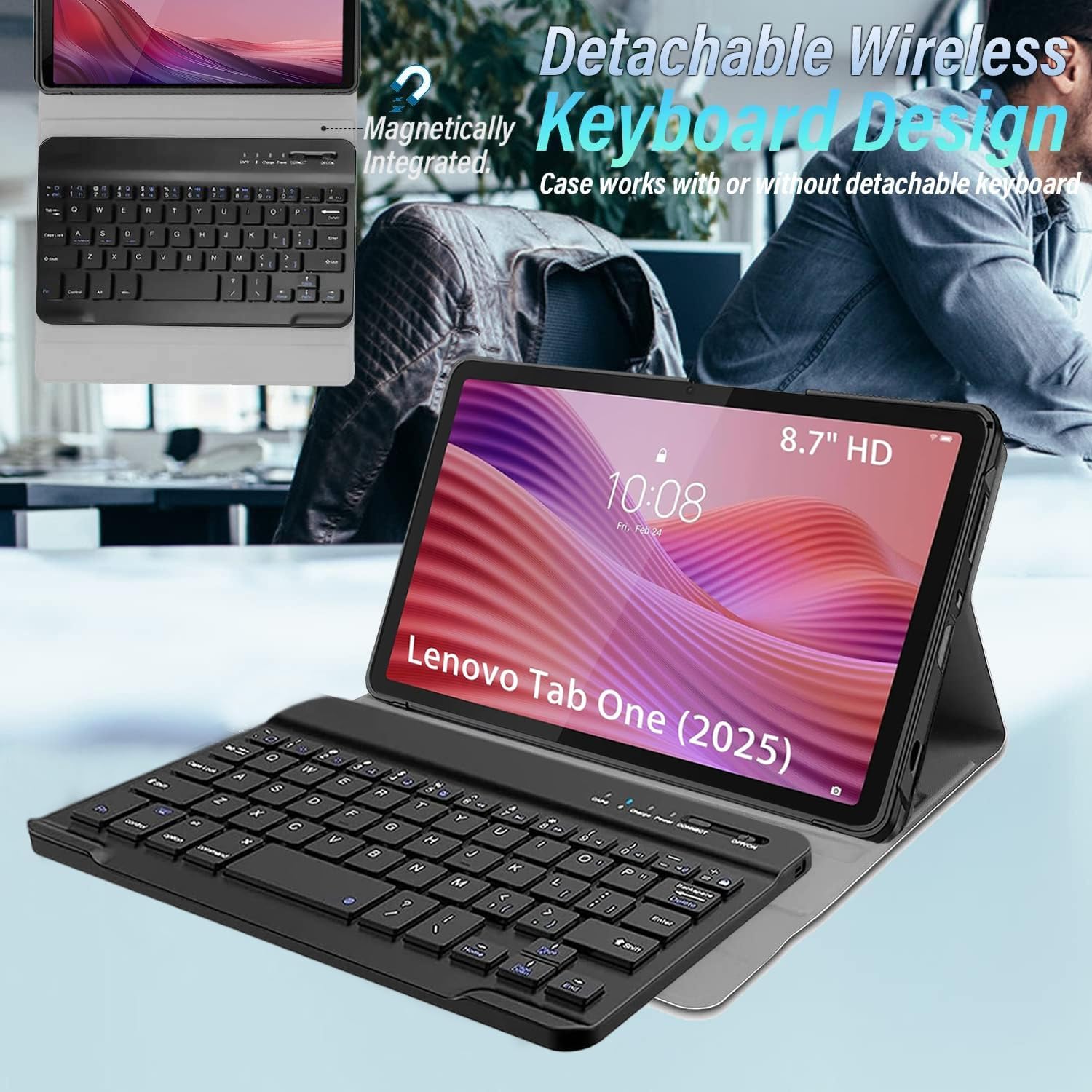 Case with Keyboard for Lenovo Tab One 8.7 Inch 2025 Tablet (TB-305FU/TB-305XU), Slim PU Stand Cover with Magnetically Detachable Wireless Bluetooth Keyboard