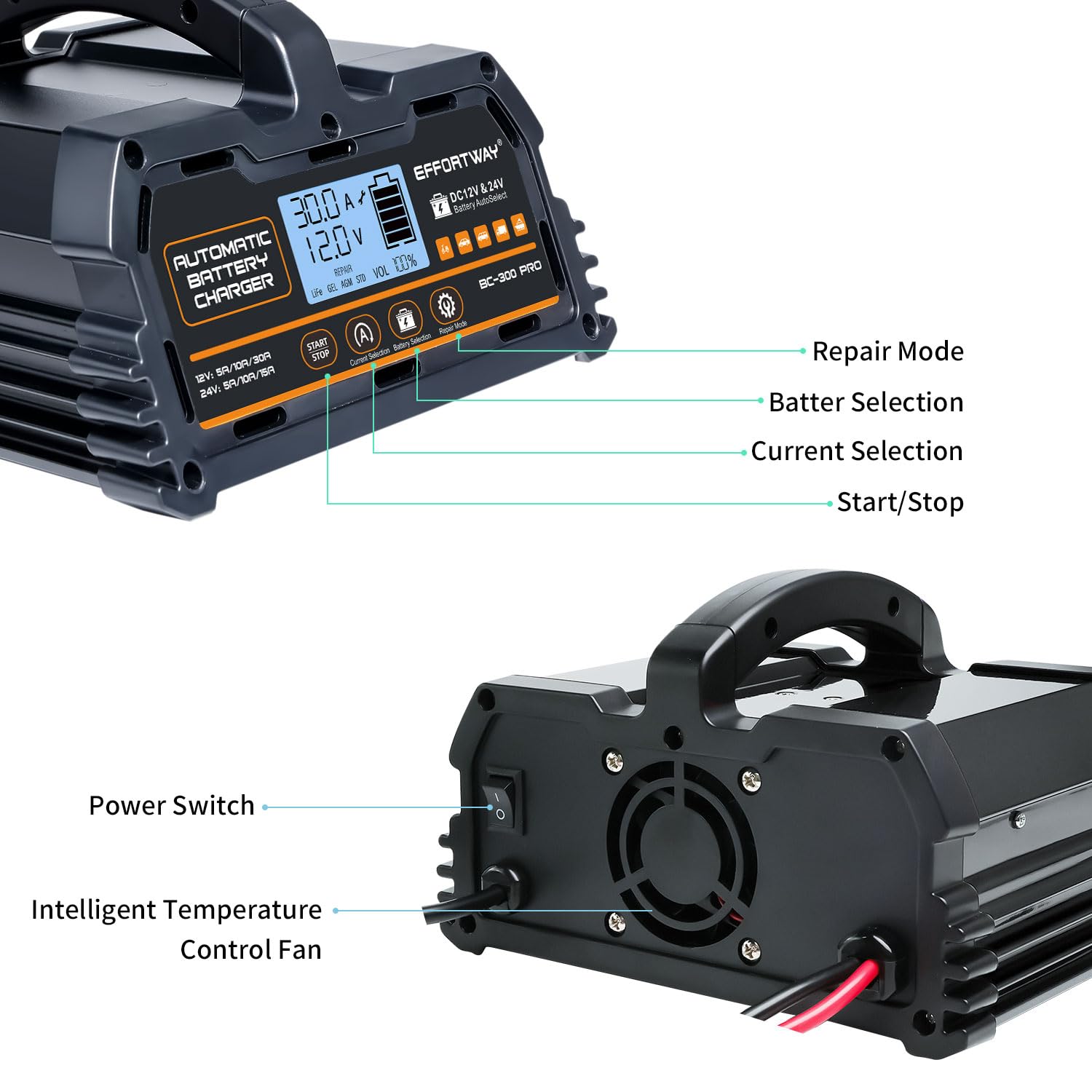 Cargador de batería de 30 A, 12 V/24 V, plomo ácido, 12 V LiFePO4. Cargador de batería inteligente con carga lenta. Mantenedor de batería de coche con pantalla LCD. Adecuado para camiones
