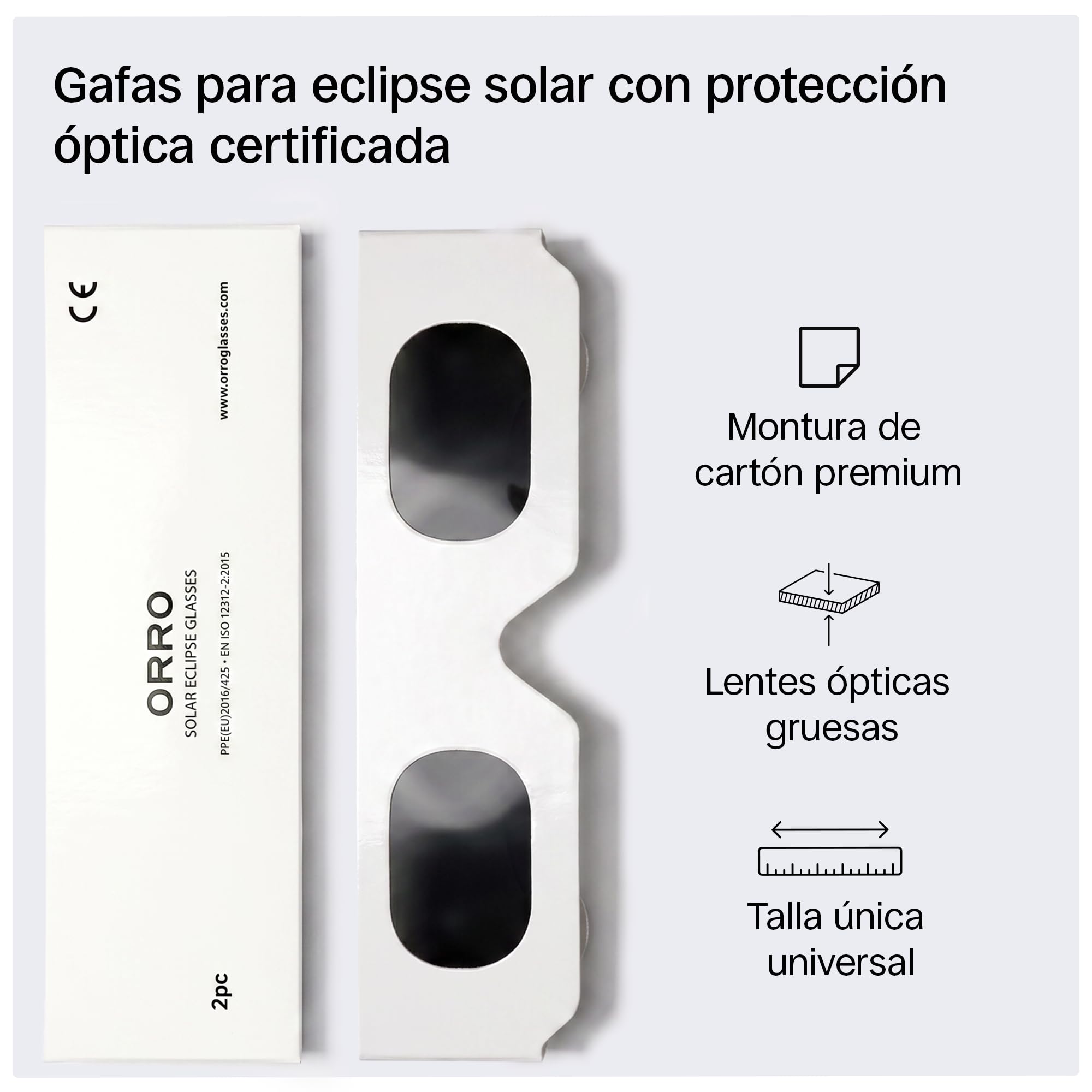 ORRO Gafas para Eclipse Solar de 40 mm, Pack de 2/6/12, Blancas, Protección Ocular Certificada, Ensayadas según EN ISO 12312-2:2015, Marcado CE para Observación Directa del Sol - Ajuste Moderno