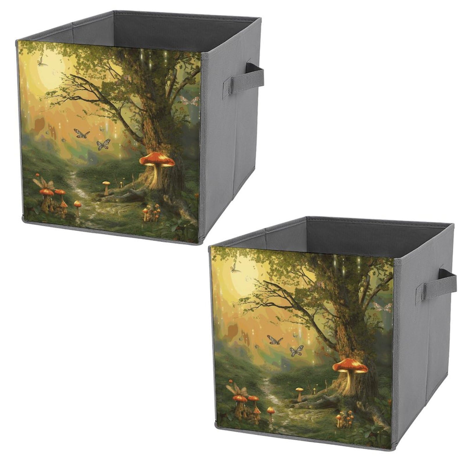 Collapsible Storage Bins with Dual Handles Fabric Storage Basket Foldable Cubes Organizer Baskets Forest with Fairies Butterflies Elves Storage Boxes for Organizing Clothing Cube Storage Organizer Bin