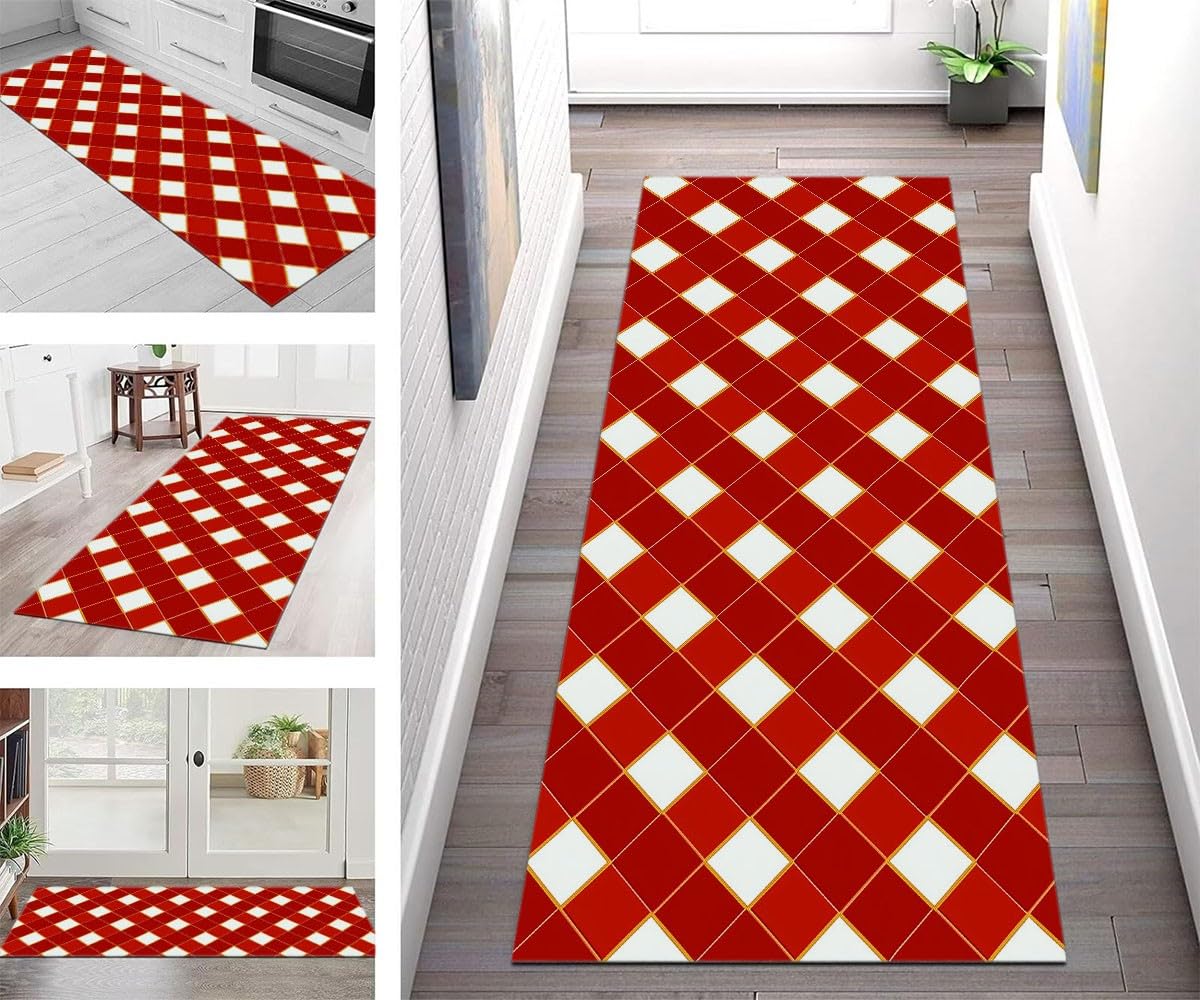 Generico Passatoia Ingresso Rombi Rossi e Bianchi, Tappeto Lungo Corridoio 60 x 120 cm - Tappeto Lavabile Tema Natalizio Antiscivolo per Camera da Letto Cucina Ingresso
