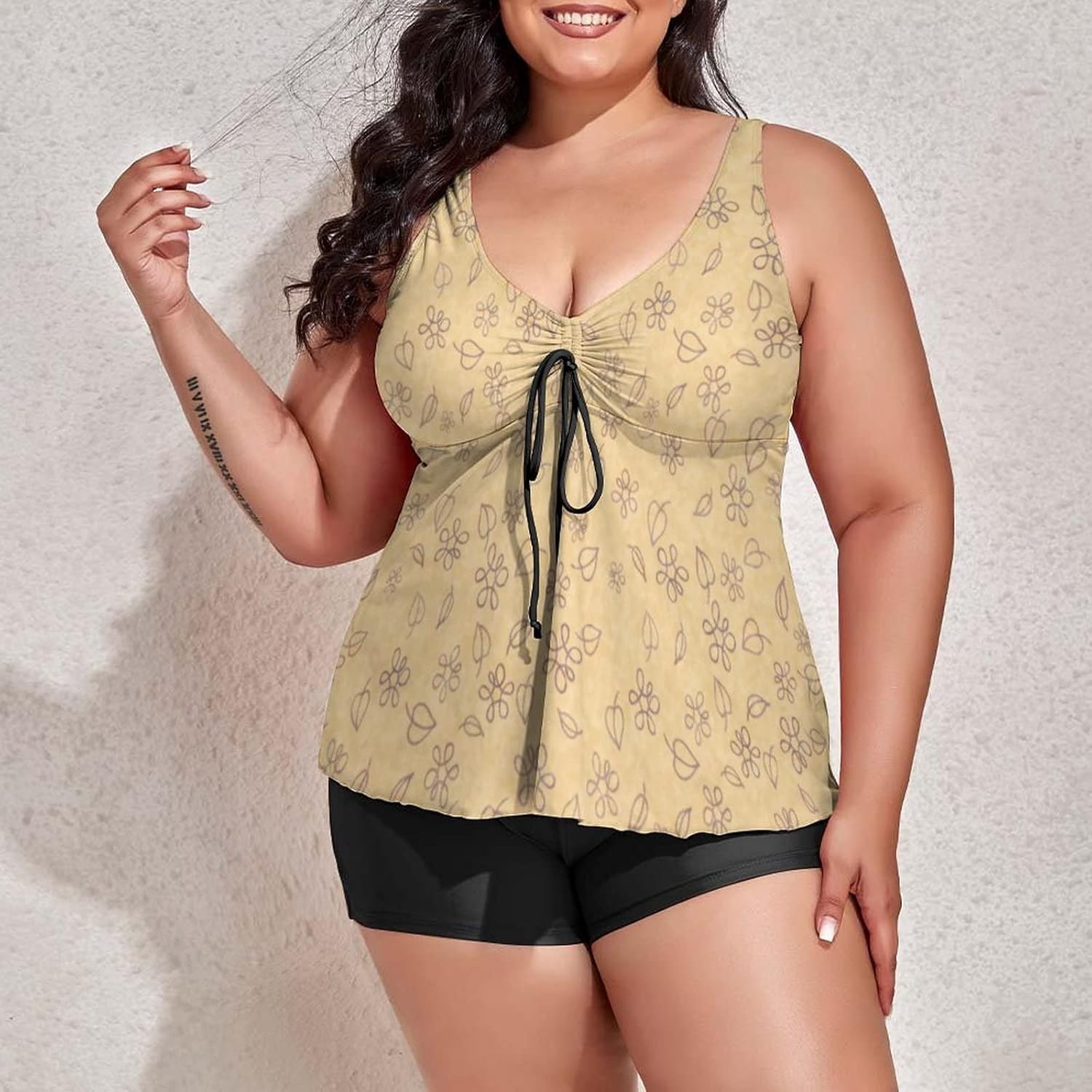 Women Plus Size Tankini Swimsuits Tropical Yellow Flowers 2 Piece Swimdress Bathing Suits with Shorts Tummy Control Swimwear