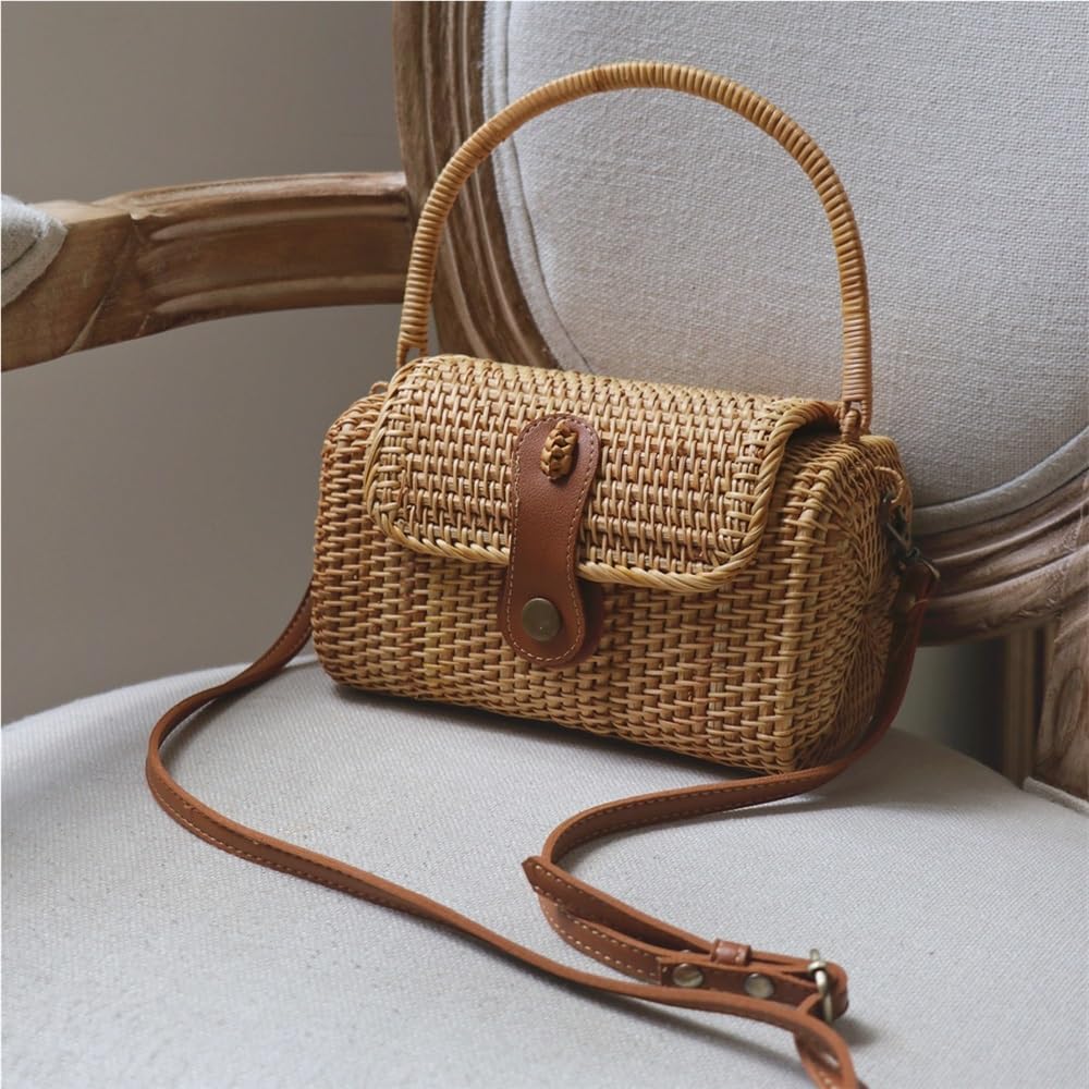 Cesti HHF, Confezione da 1, Nuovi, Manuale, in Rattan Intrecciato, in Paglia Intrecciata, a Tracolla Singola, Portatile, Piccola Borsa Giapponese, Borsa da Spiaggia, Cont,19x11x12cm