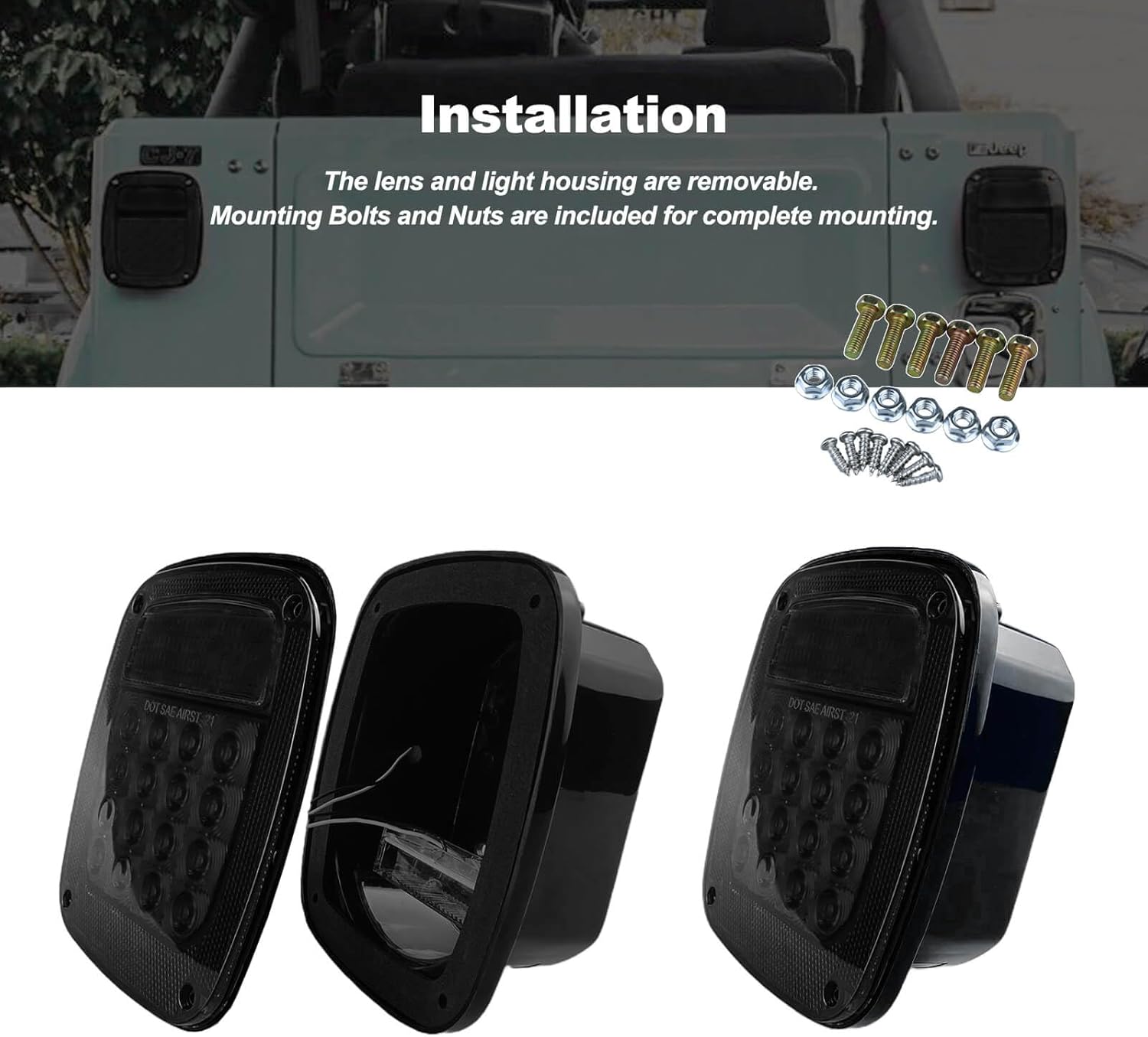 Smoked Square Rear Combination Tail Lights Lamps Assembly Replacement for 1979-2006 Wrangler TJ YJ CJ5 CJ7 with Passenger and Driver Side Marker Stop Turn Signal Brake Lights DOT Certified, 2Pcs