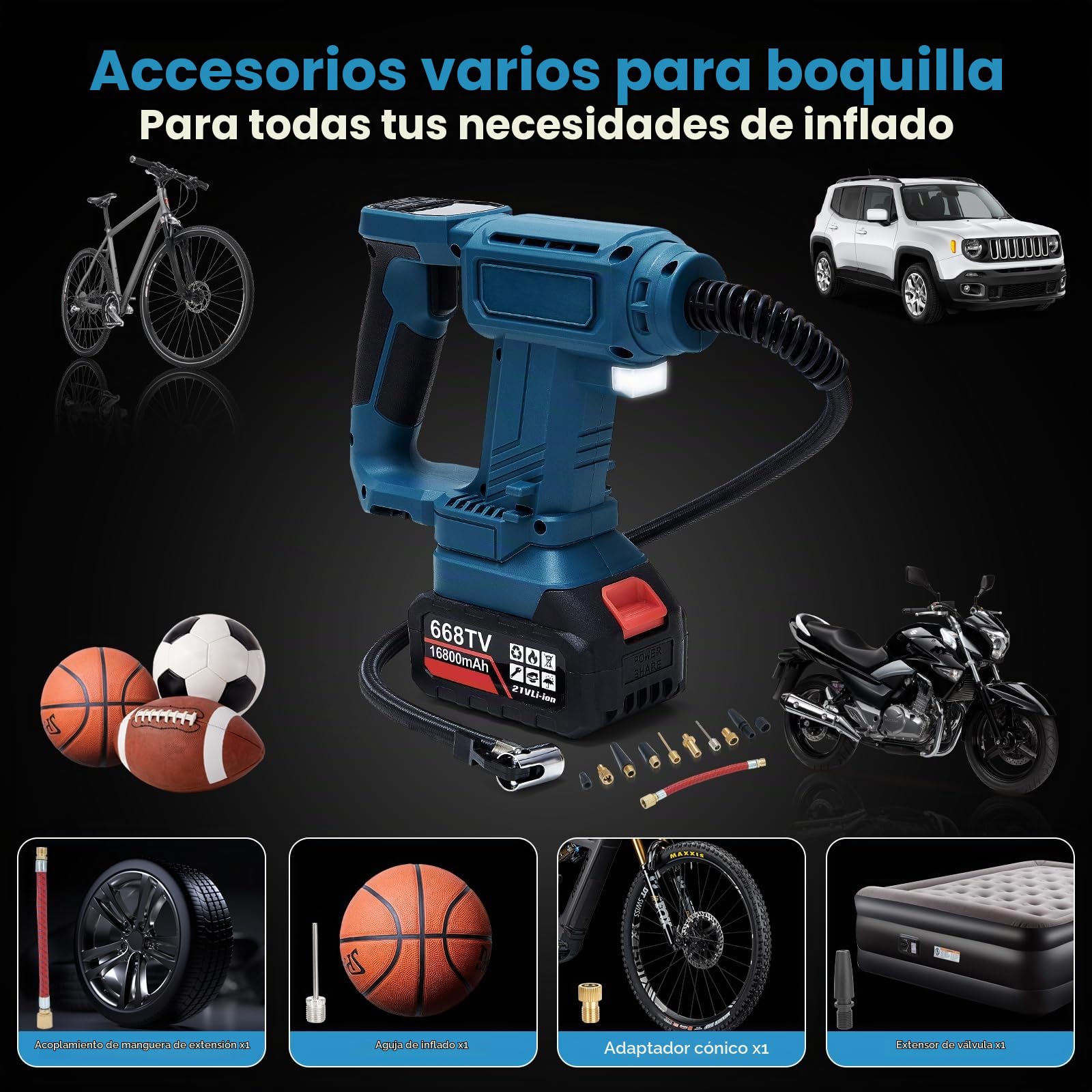 Compresor de Aire Portátil 18V Compatible con Batería Makita, 150PSI Bomba de Aire Eléctrica Inalámbrica con Pantalla LCD y Luz LED para Coche, Moto, Bicicleta y Balones (Sin Batería)