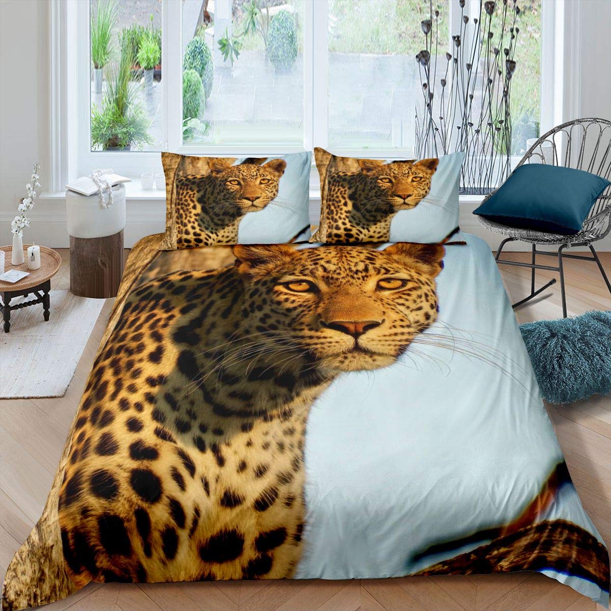 Housse de couette léopard et couvre-lit double taille motif animal sauvage