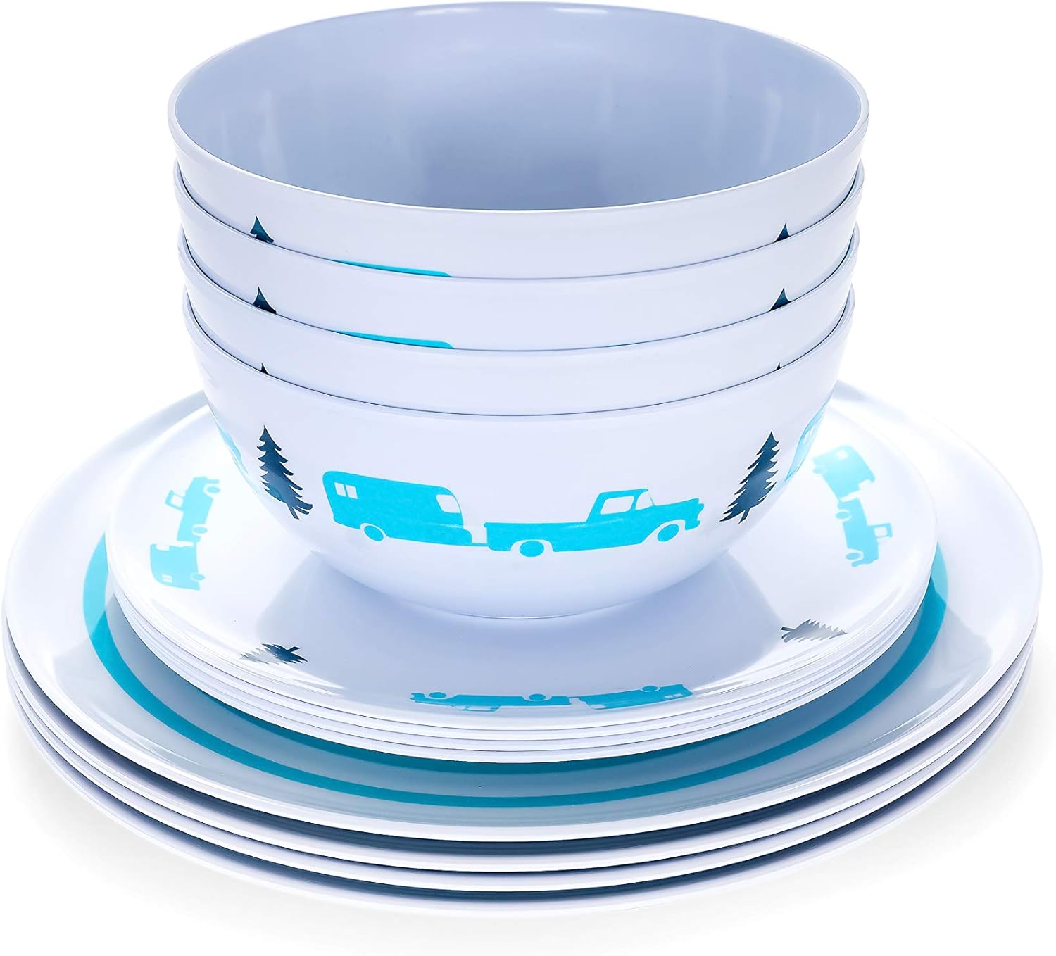 Camco Teal Life is Better at The Campsite 12 Piece Dishware Set-Blue Retro Trailer and Logo Design, Includes Plates and Bowls, Perfect for RVing and Camping, Melamine (53296)