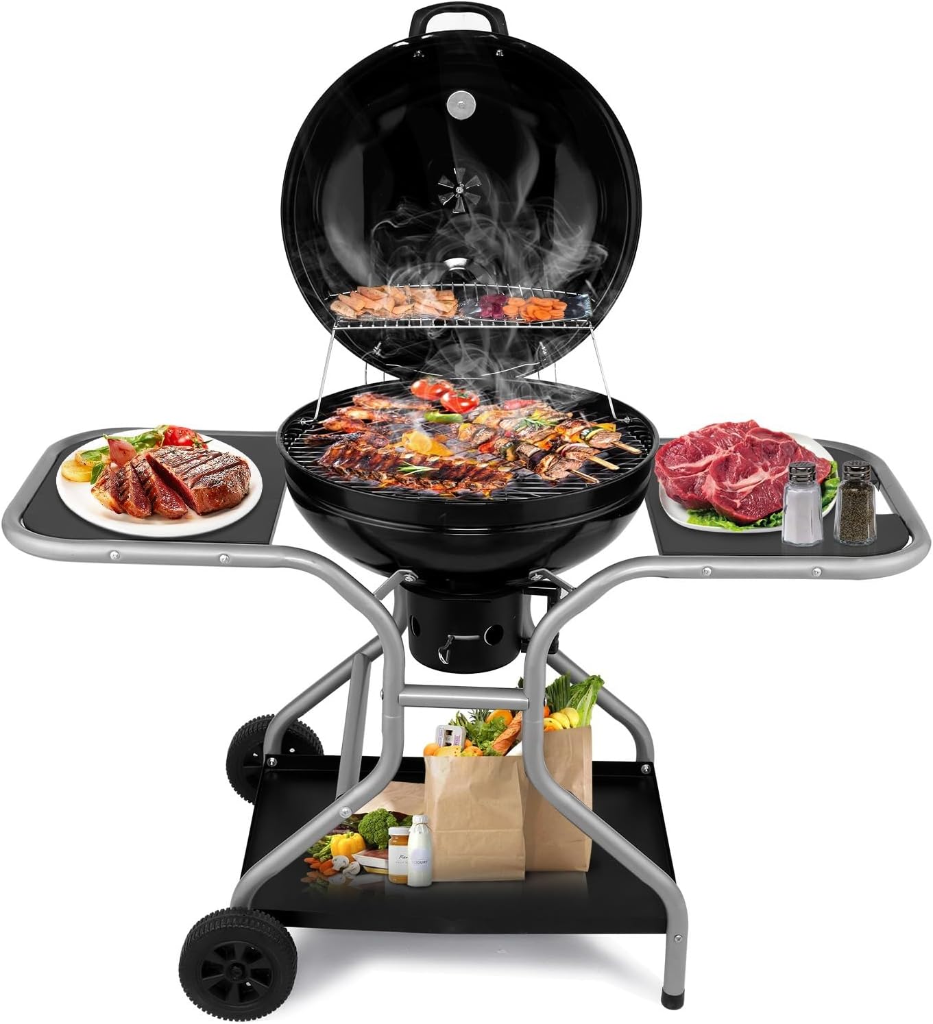 22.5-inch kettle charcoal grill with 2 side tables and wheels, portable cooking grill barbecue cart for terrace, backyard camping, picnic cooking (black)