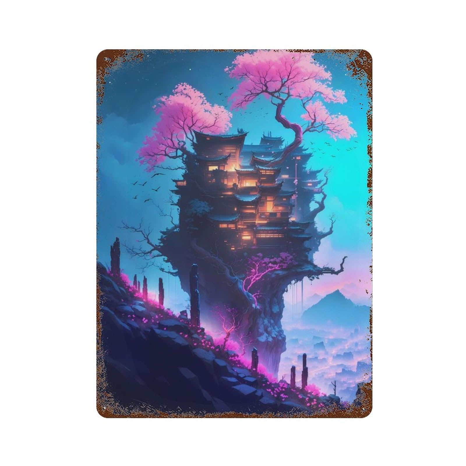 Ethereal Sakura Serenity Rust Effect Tin Sign 15.7"x11.8", Retro Wall Decor for Patio, Garden Room And Bar Decor