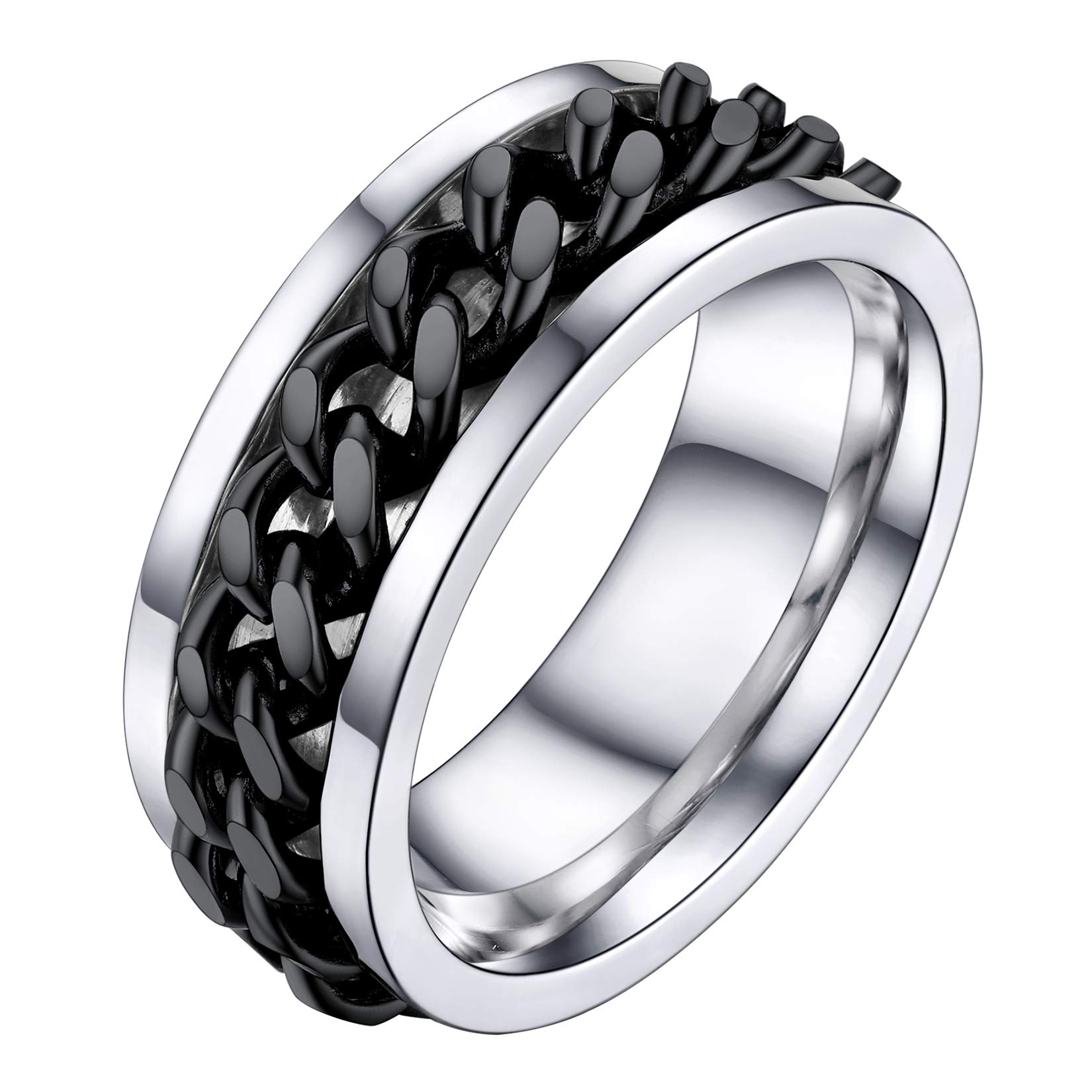 Men Women Stainless Steel 5mm 7mm Wide Band Cuban Link Chain Ring/Spinner Rings, Size 5 to 12, Gift Wrapped