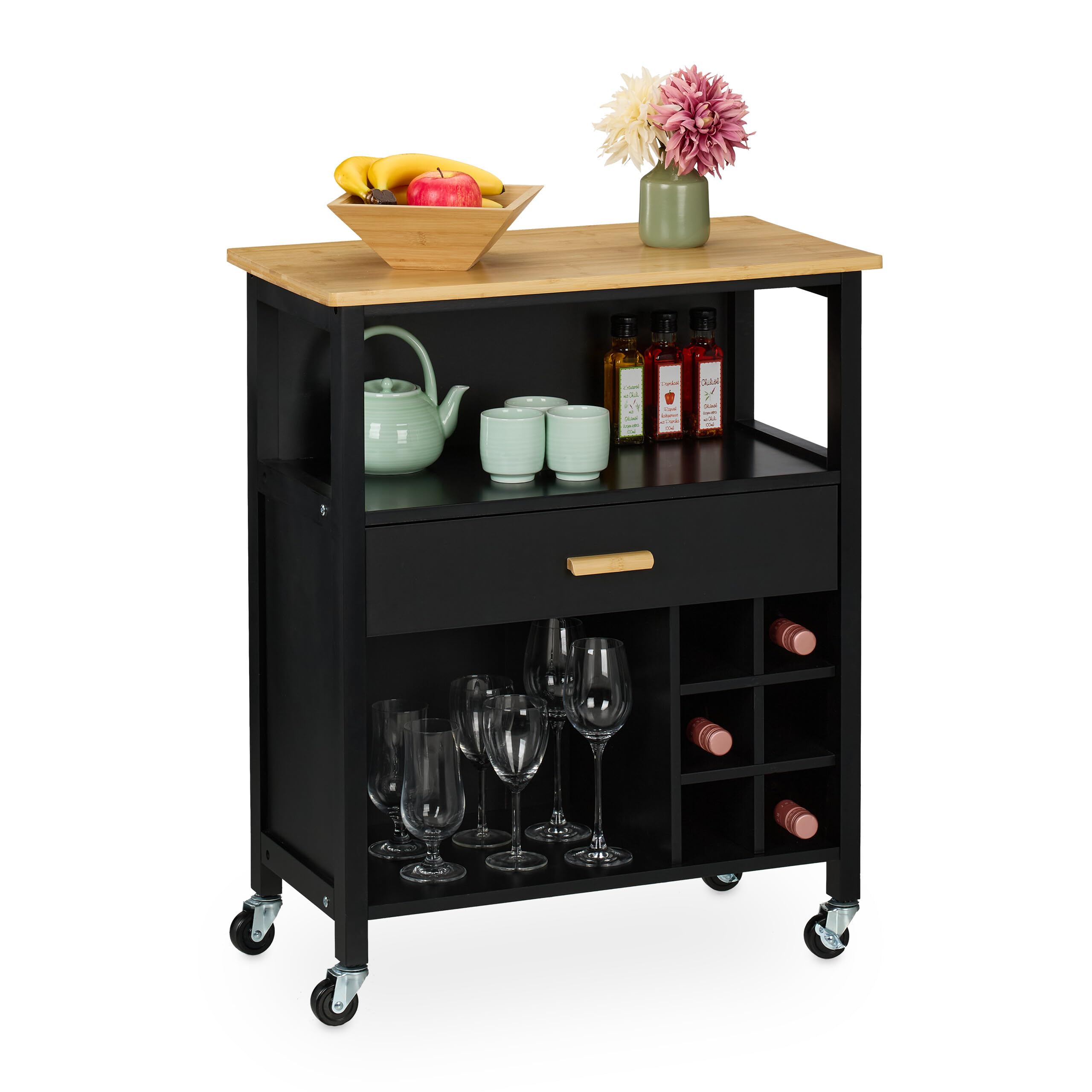 Relaxdays Kitchen Island Cart, Wine Rack for 6 Bottles, 2 Shelves, 80x65x35 cm, Bamboo Top, MDF, Rolling Trolley, Black, Plastic, Fibreboard