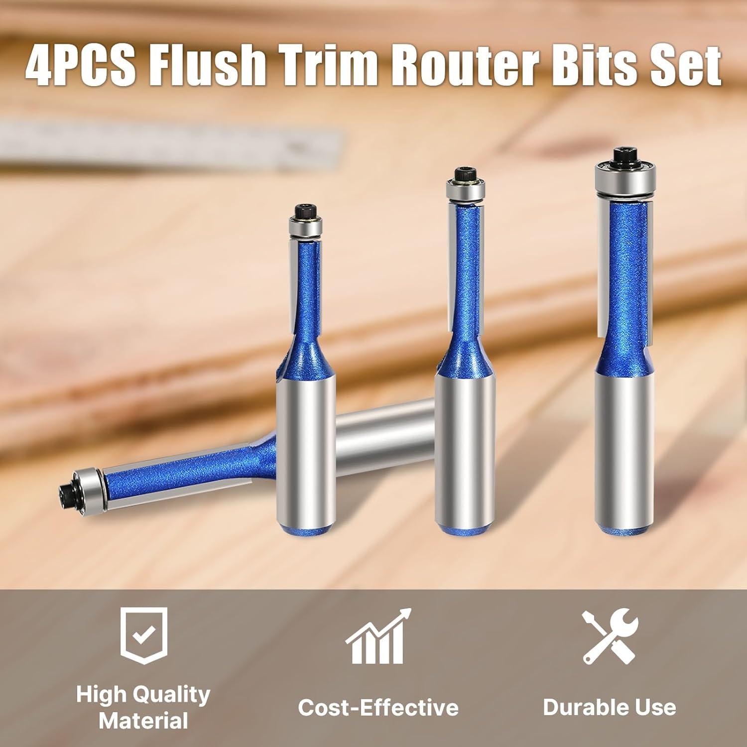Straight Flush Trim Router Bit Set 1/2 Inch Shank 4PCS, Top Bearing Guide Woodworking Milling Cutter Tool for Wood Trimming, Template Work - 1/4", 5/16", 3/8", 1/2" Cutting Dia