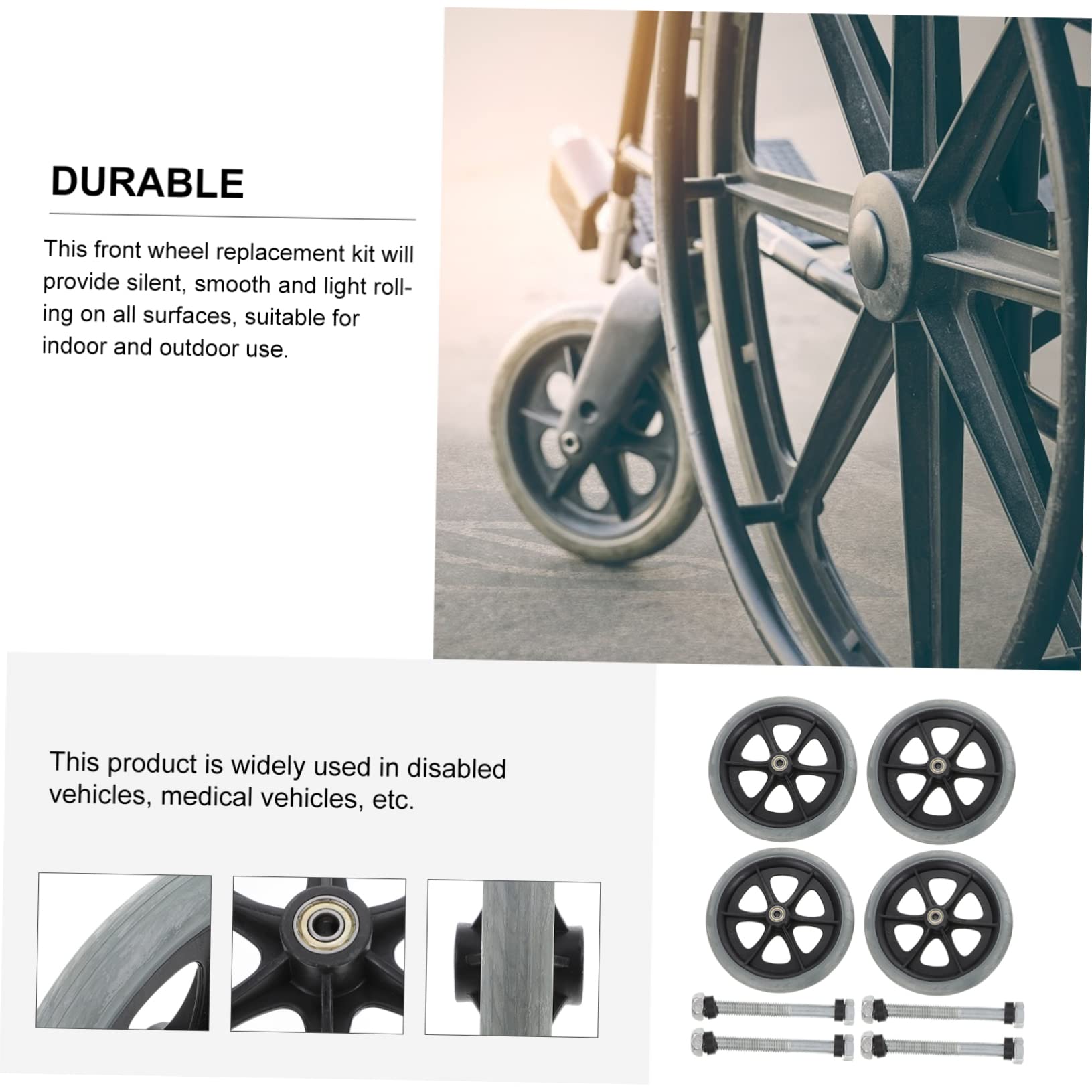 Ruedas de Repuesto para Silla de Ruedas Delanteras 4 Piezas | Abs Pvc Acero, Rodaje Silencioso y Resistente al Desgaste, Uso Interior y Exterior