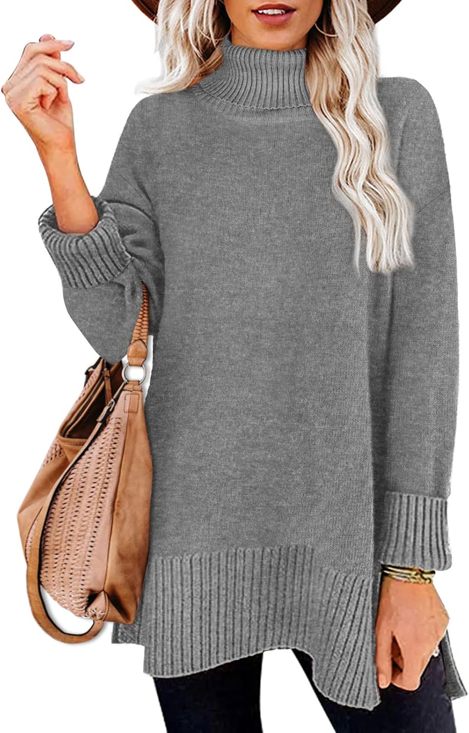 Glanzition Sweaters for Women Turtleneck Side Split Oversized Pullover Tops