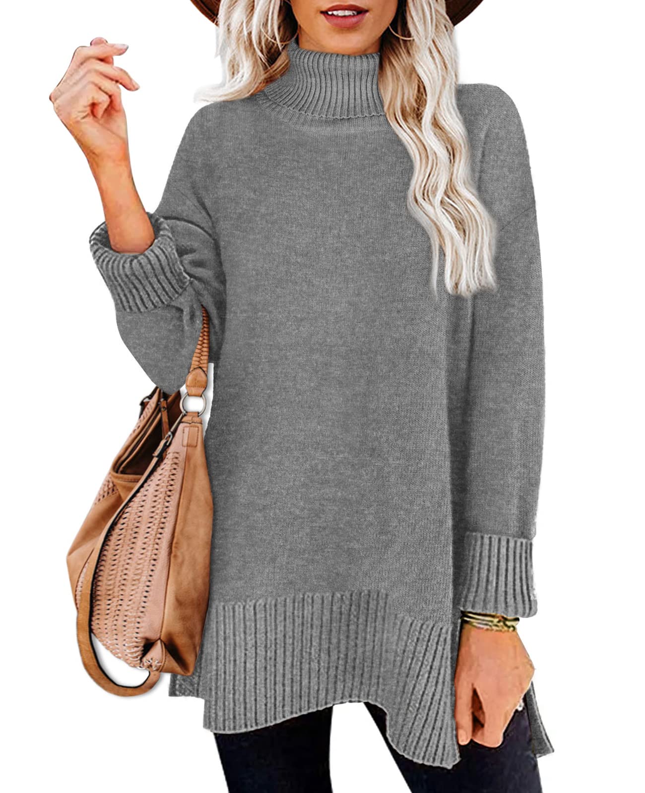 Glanzition Sweaters for Women Turtleneck Side Split Oversized Pullover Tops