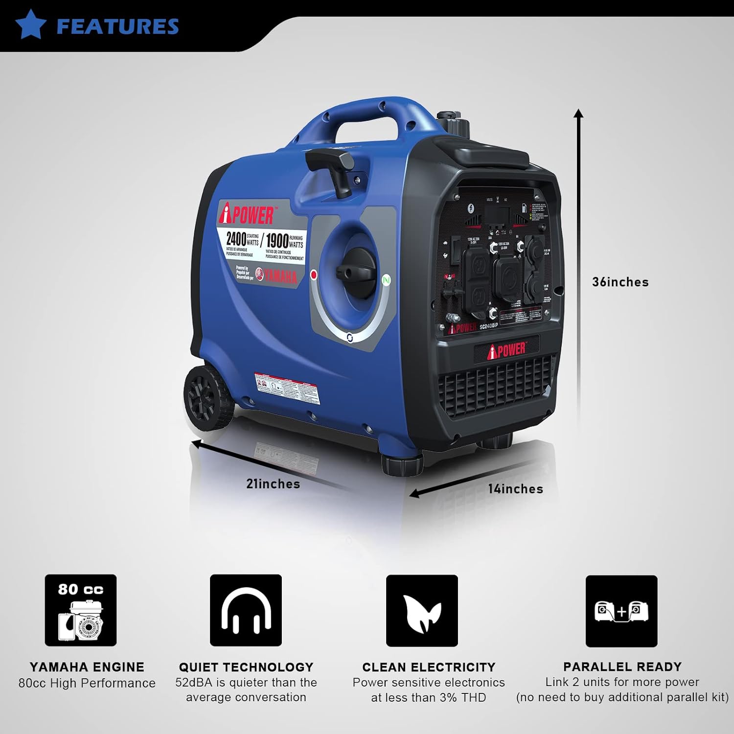 A-iPower 2400 Watt Portable Inverter Generator, Powered By Yamaha Engine RV Ready, EPA & CARB Compliant, Ultra-Quiet For Backup Home Use, Tailgating & Camping (SC2400iP)