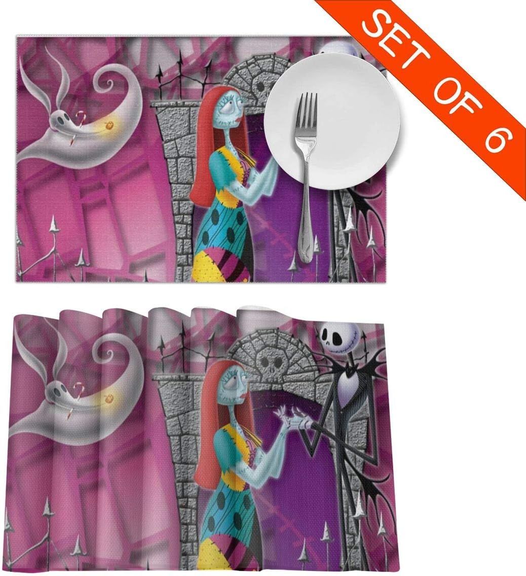 Flash Deals - 70% OFF Night-mare-Before-Christmas Placemats with Dinning Table Sets of 6 Heat and Stain Resistant Woven Vinyl Placemat Washable PVC Set Non Slip Table Mats for Lunch Dinner Mat with A Nice Looking12x18In New Deal Night-mare-Before-Christmas Placemats with Dinning Table Sets of 6 Heat and Stain Resistant Woven Vinyl Placemat Washable PVC Set Non Slip Table Mats for Lunch Dinner Mat with A Nice Looking12x18In
