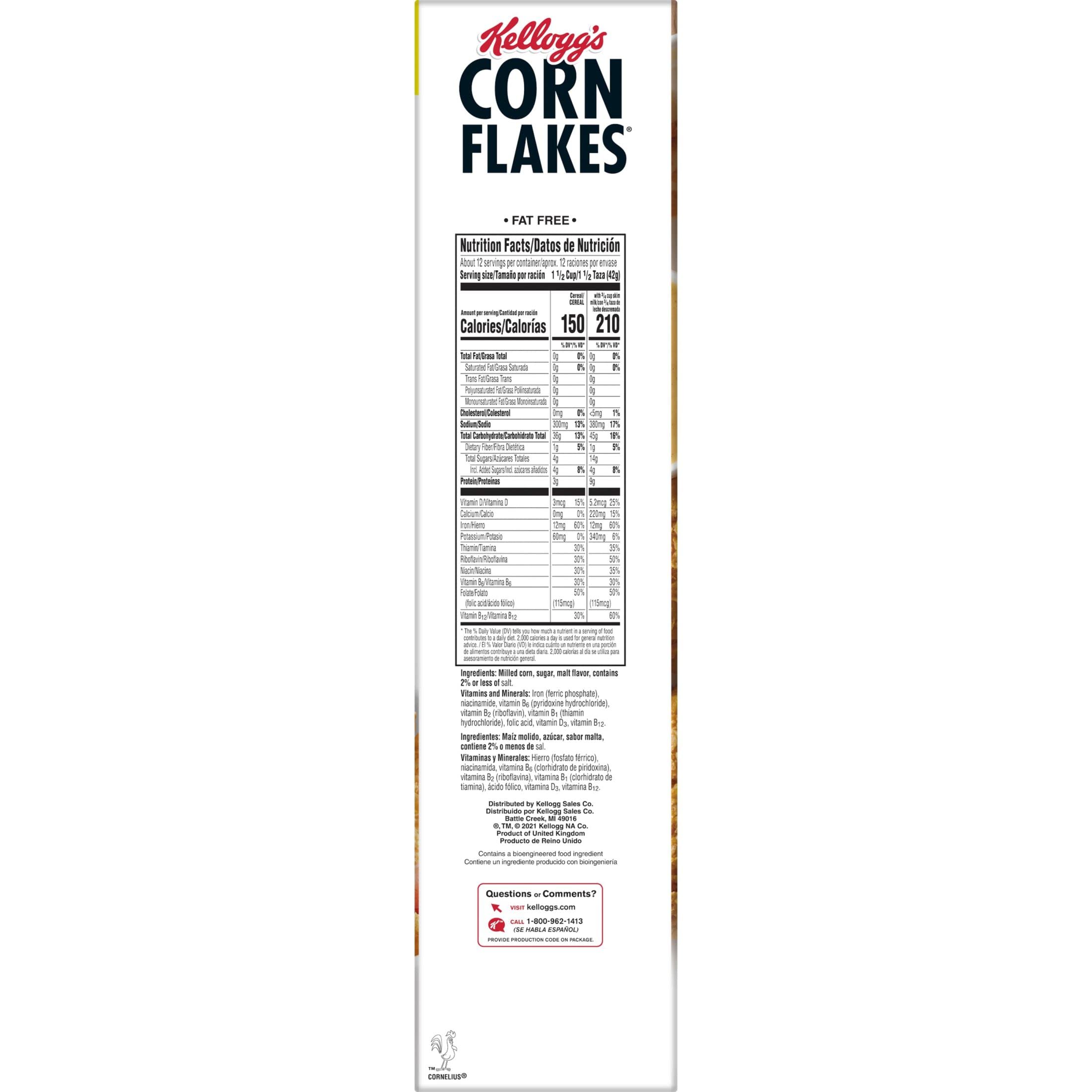 Kellogg's Corn Flakes Cold Breakfast Cereal, Eight Vitamins and Minerals, Fat Free, Family Size, Original, 18oz Box (1 Box)