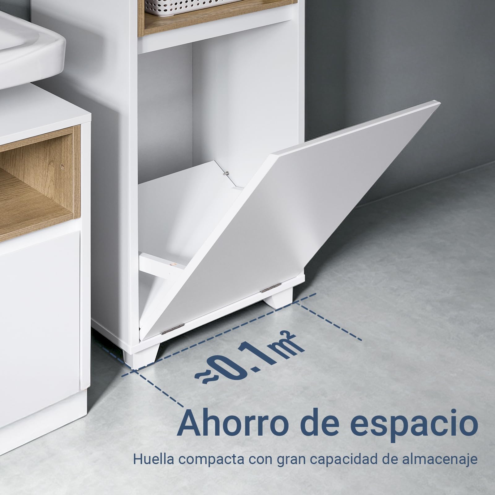 SoBuy Mueble Baño Estrecho con Cesto para Ropa Sucia 35x105x30 cm Blanco | Mueble Ropa Sucia Baño con Saco Abatible, Armario Baño con 2 Compartimentos y Cesto para lLavandería, BZR146-W