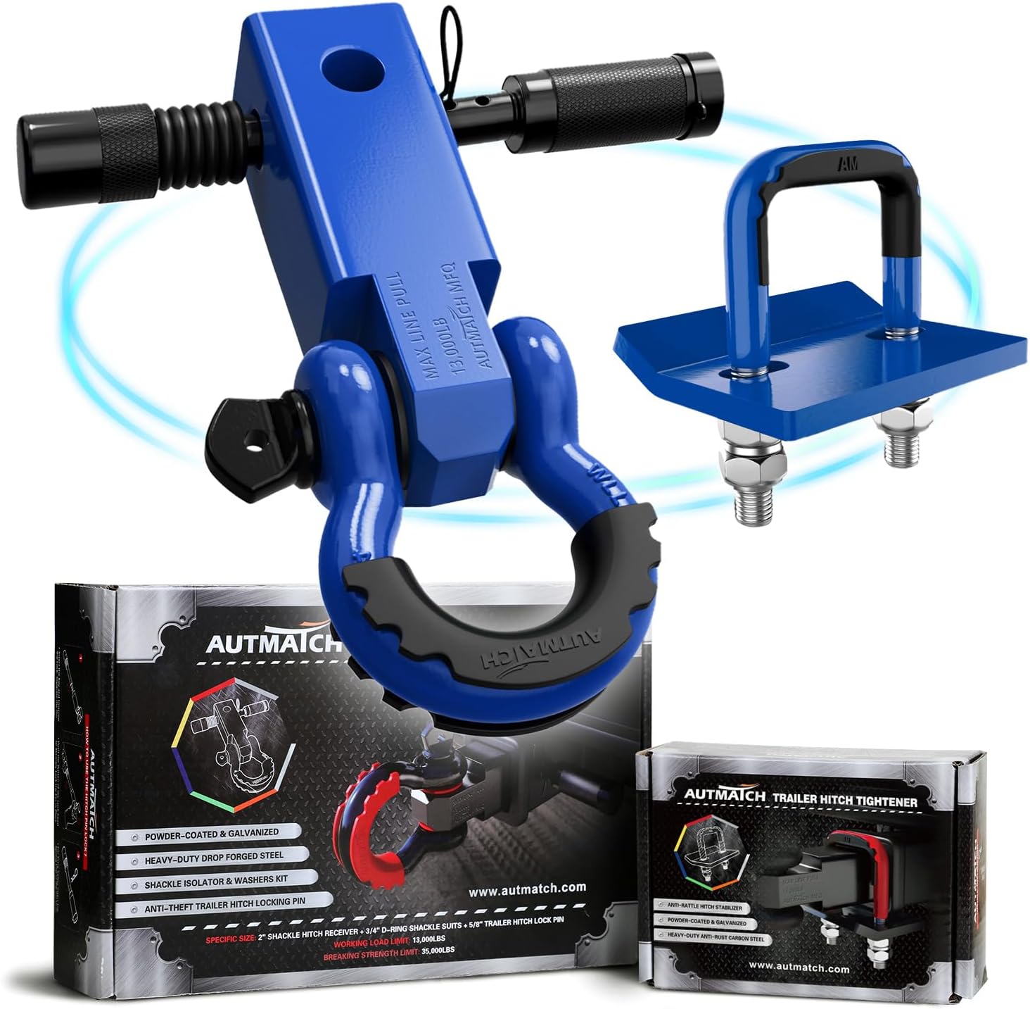 AUTMATCH Shackle Hitch Receiver 2 Inch with Hitch Tightener Anti-Rattle Clamp, 3/4" D Ring Shackle and 5/8" Trailer Hitch Lock Pin, Heavy Duty Receiver Kit for Vehicle Recovery, Blue