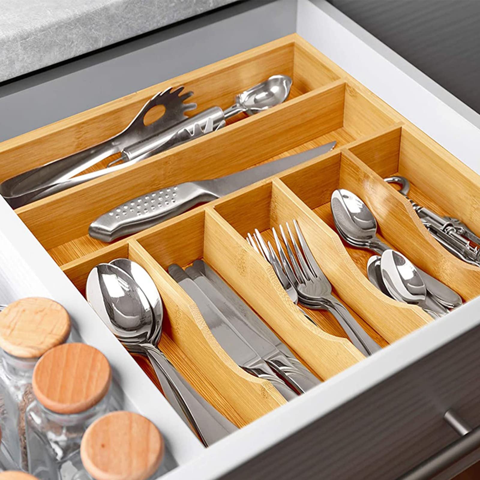Pro Home Bestekbak voor schuifladen, uittrekbaar, compact bestekbak (33,5 x 26 tot 46 x 4,5 cm), wit, bestek-organizer, bestekhouder voor keuken