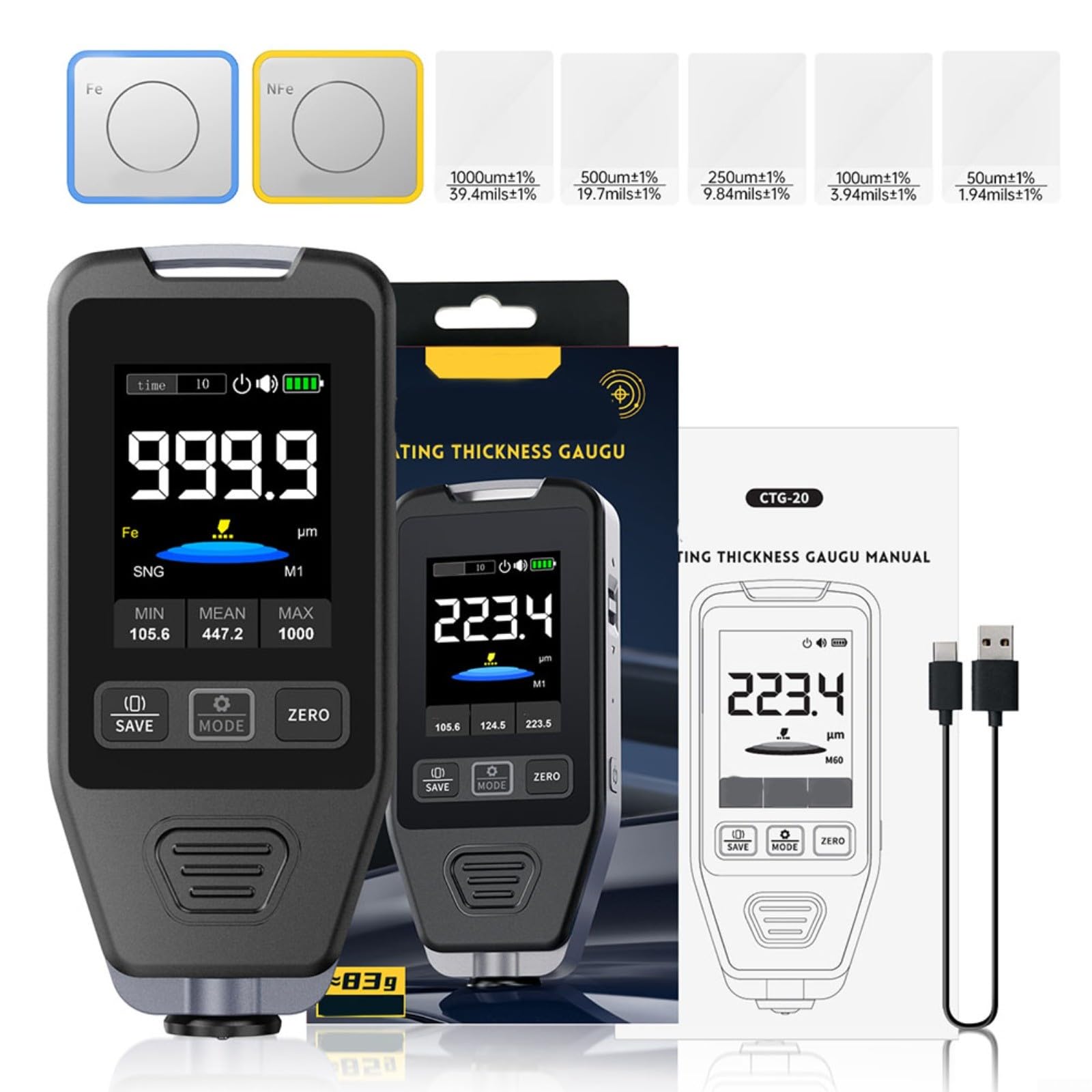 Medidor de espesor de recubrimiento 0-1400μm, Fe/nFe modo dual, medidor de película de pintura recargable USB para reparación de automóviles, fabricación