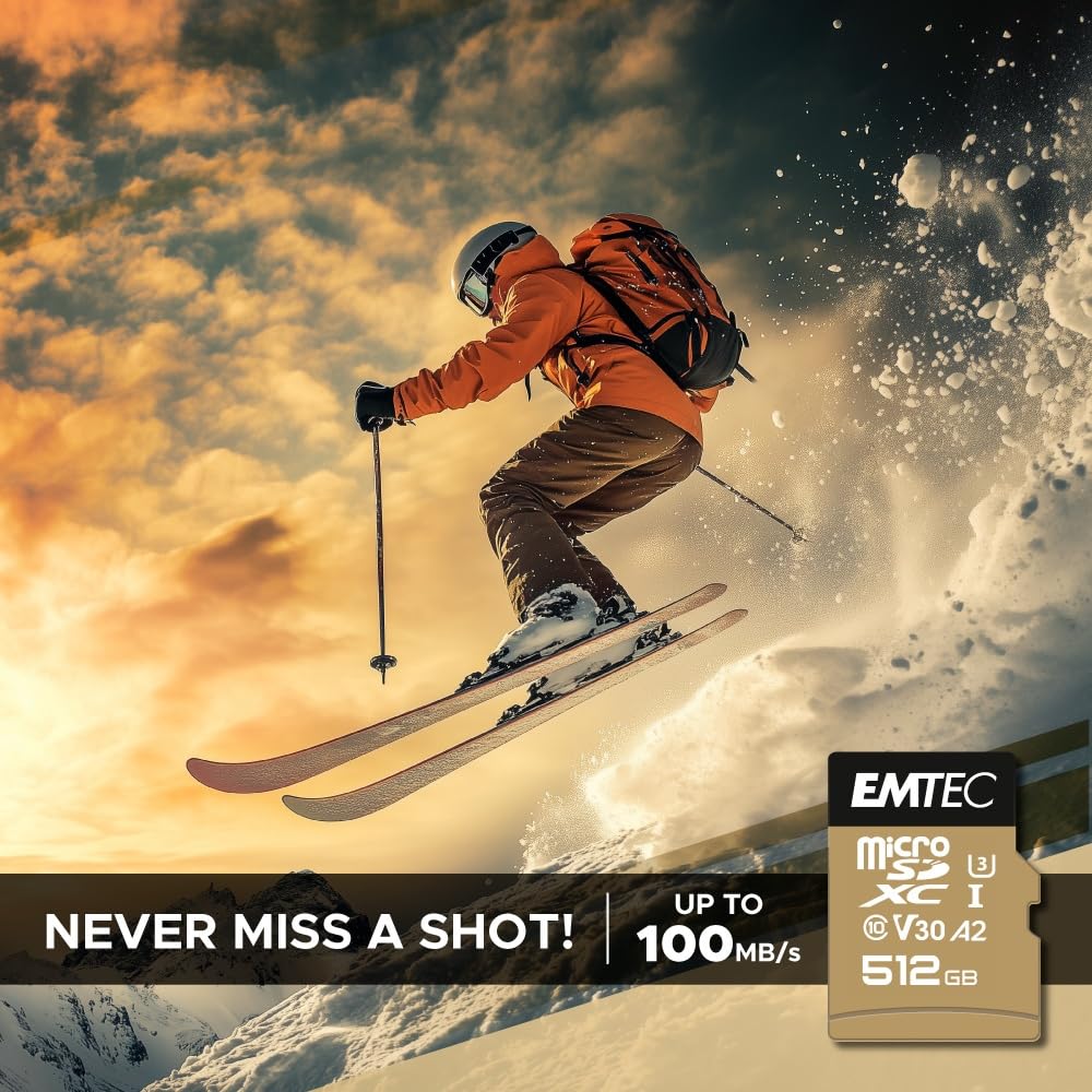 Emtec - Carte microSD UHS-I U3 V30 A1 - 512 GB, 256 Go - ECMSDM256GXC10SP - Gamme Speedin - Avec adaptateur - Vitesse de lecture et écriture jusqu'à 100 MB/s, 100 Mo/s - Noir/Or