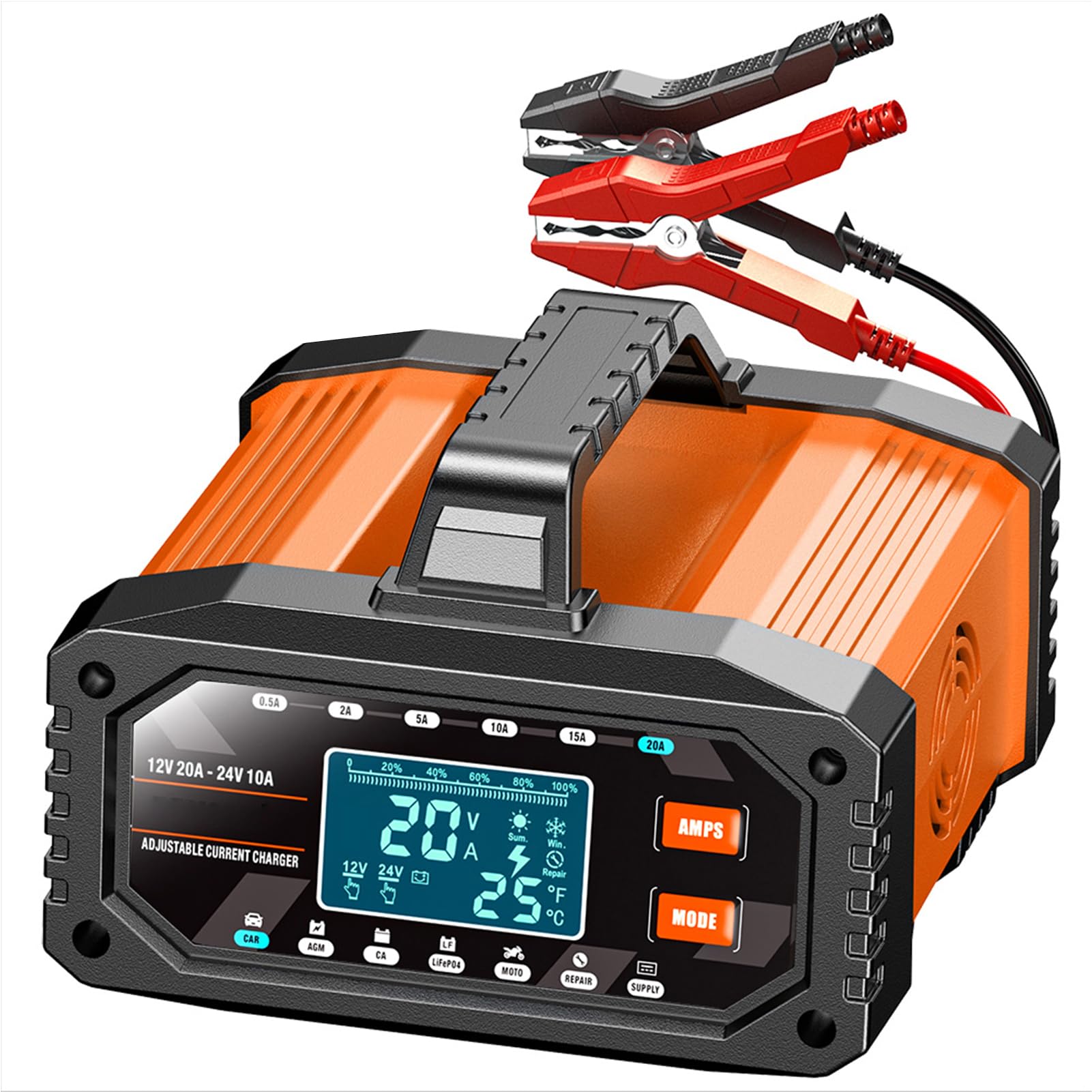 Yctze Caricabatterie Intelligente 12V 20A 24V 10A Caricabatteria per Auto Regolabile Manutentore di Mantenimento Automatico con Modalità di Riparazione a Impulsi per Auto Moto Cam (Spina europea)