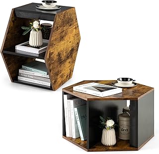 COSTWAY Hexagonal Coffee Tables Set of 2, Stackable Center Tea Table with Storage Shelf, Wooden Nightstand End Sofa Side Table for Living Room, Bedroom and Office, Horizontally/Vertically Use