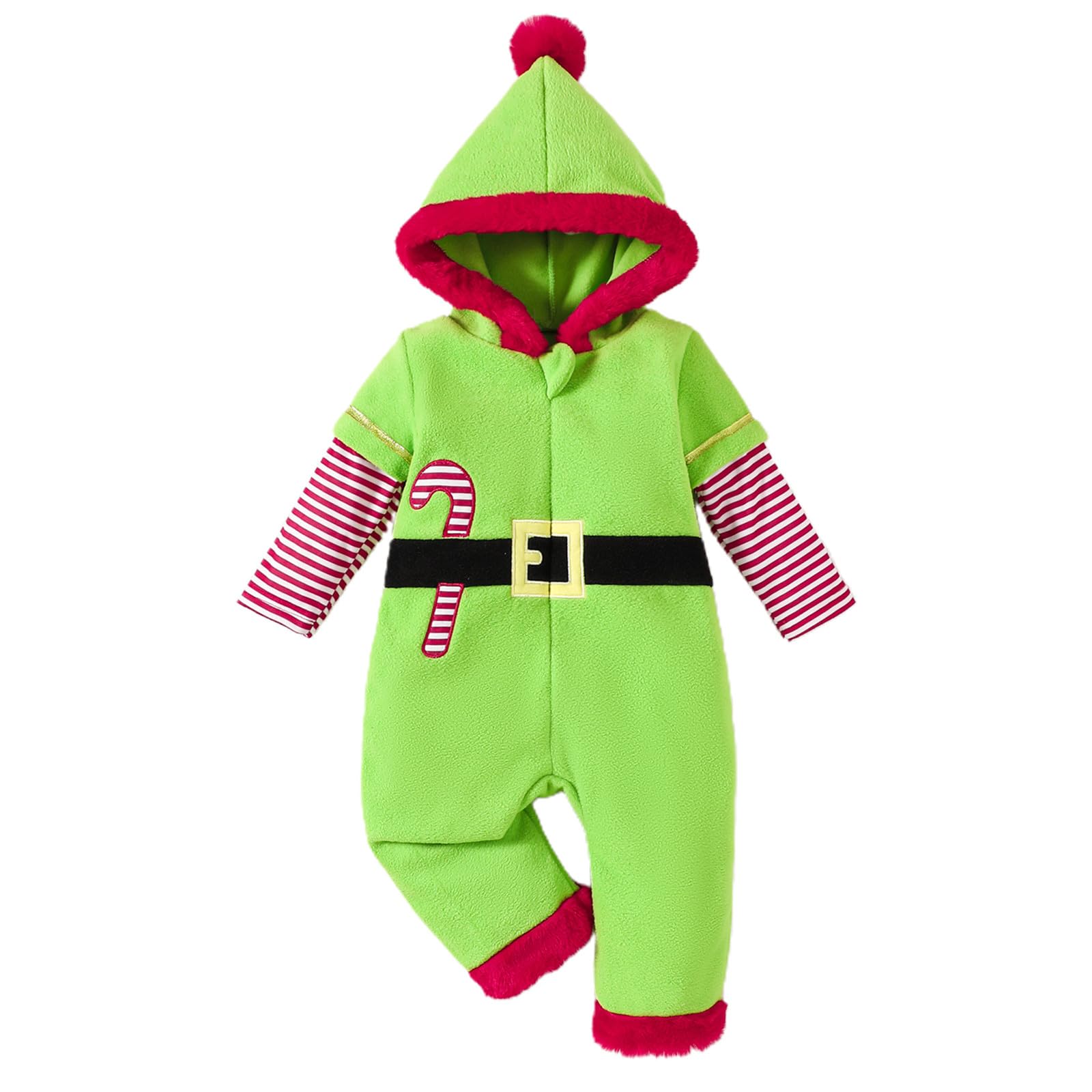 Mialoley Baby Boy Girl Christmas Jumpsuit Hooded Romper Outfit Fleece Hoodie Long Sleeve Zipper Overalls Xmas Winter Clothes (01 Green, 12-18 Months)