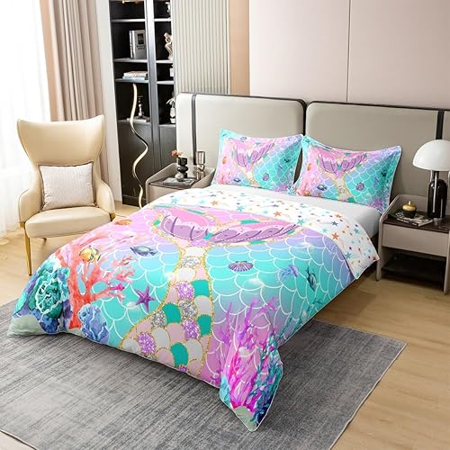 Miniatura 3 de Erosebridal Funda de edredón de cola de sirena de algodón 100% orgánico, tamaño individual, funda de edredón de escamas de peces para niños, juego