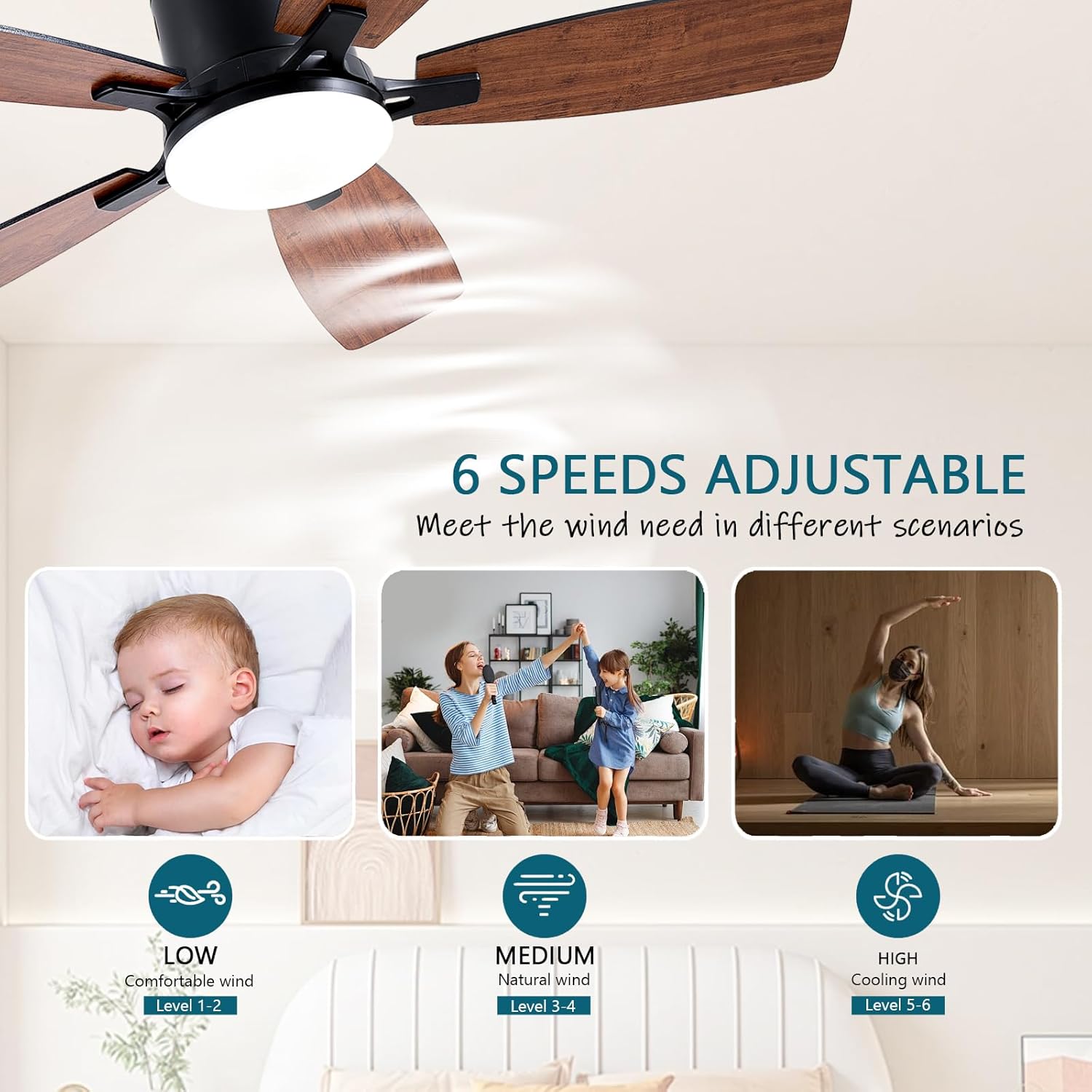 Ayaoty Ceiling Fans with Lights, 42 inch Low Profile Ceiling Fan with Light and Remote Control, Flush Mount, LED Dimmable DC Reversible Modern Ceiling Fan for Bedroom