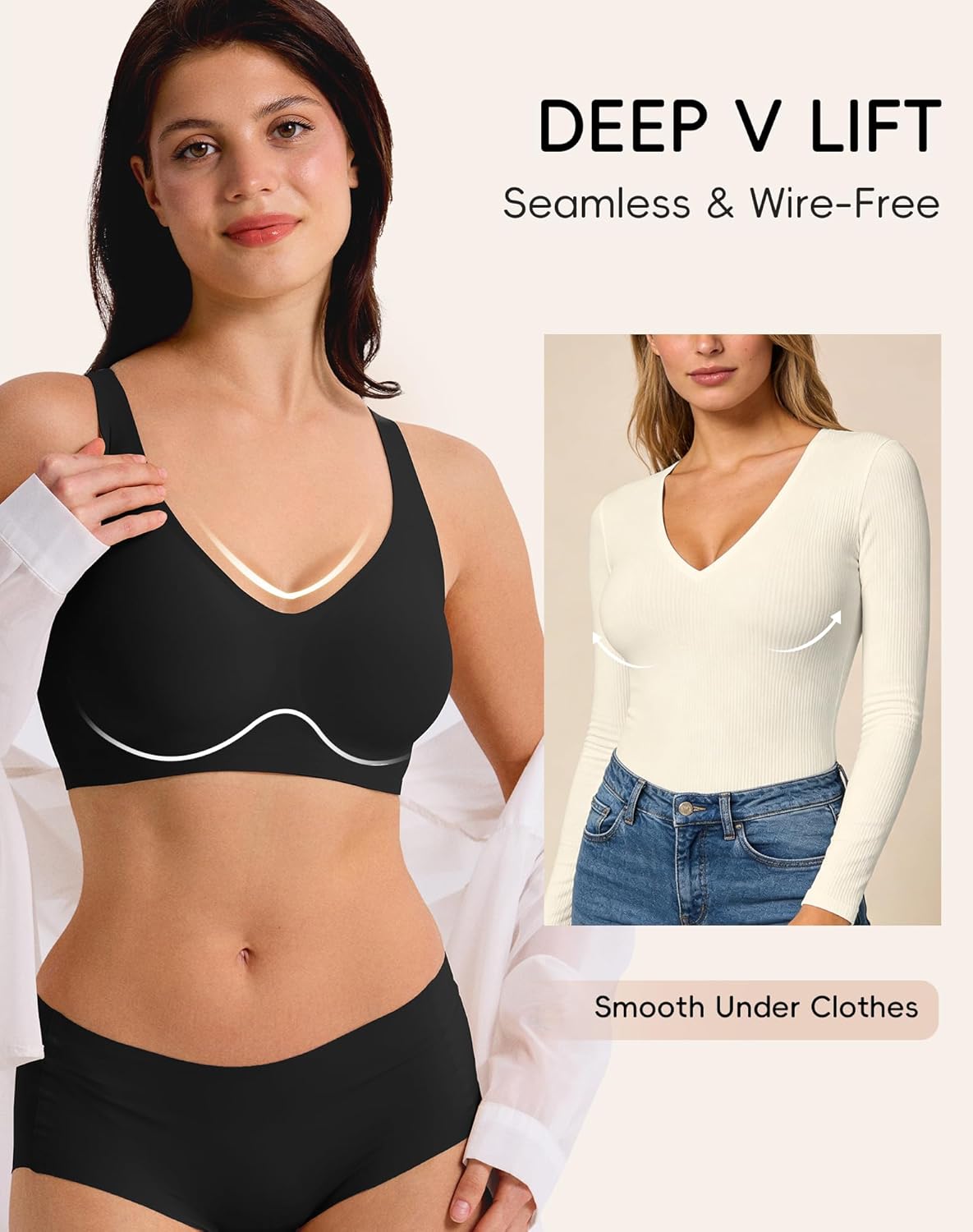 2 Pack Seamless Wireless Bras for Women, Deep V Jelly Gel Support Push Up Bra, Comfort No Underwire Invisible T Shirt Bra