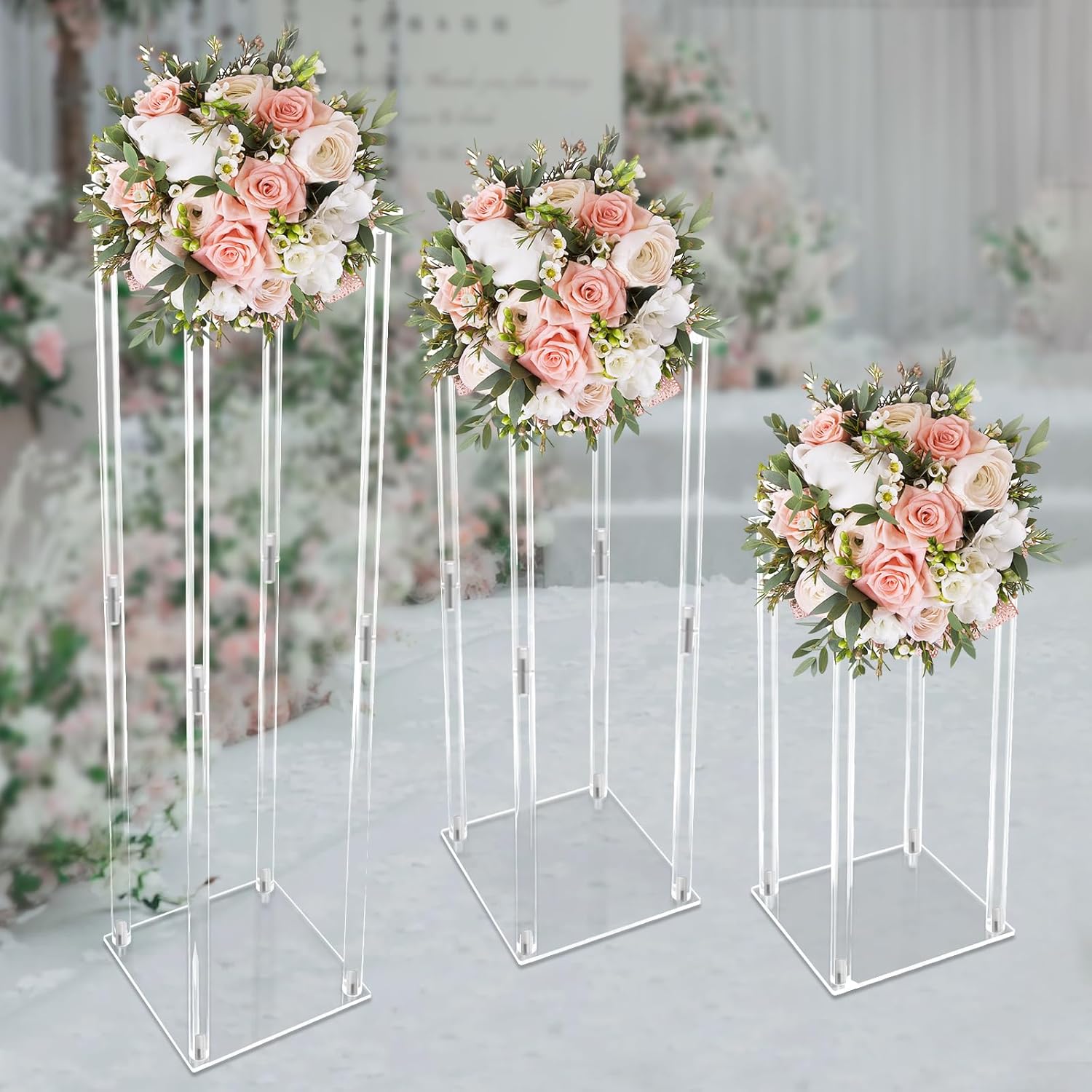 Clear Display Flower Tower, 3Pcs Clear Lucite Display Pedestal with Different Heights Strong Stability and Disassembled Easy Carry Store Free Standing Acrylic Geometric Display Stand for Banquets Etc