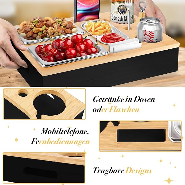 Herenear Couchbar, Snackbox Sofatablett, Couch Bar mit Geschenkbox, Snackspender mit Snackschale, Getränkehalter Flaschenhalter, Snackbar Organizer Abnehmbarer Deckel für Sofa (Schwarz) - 4