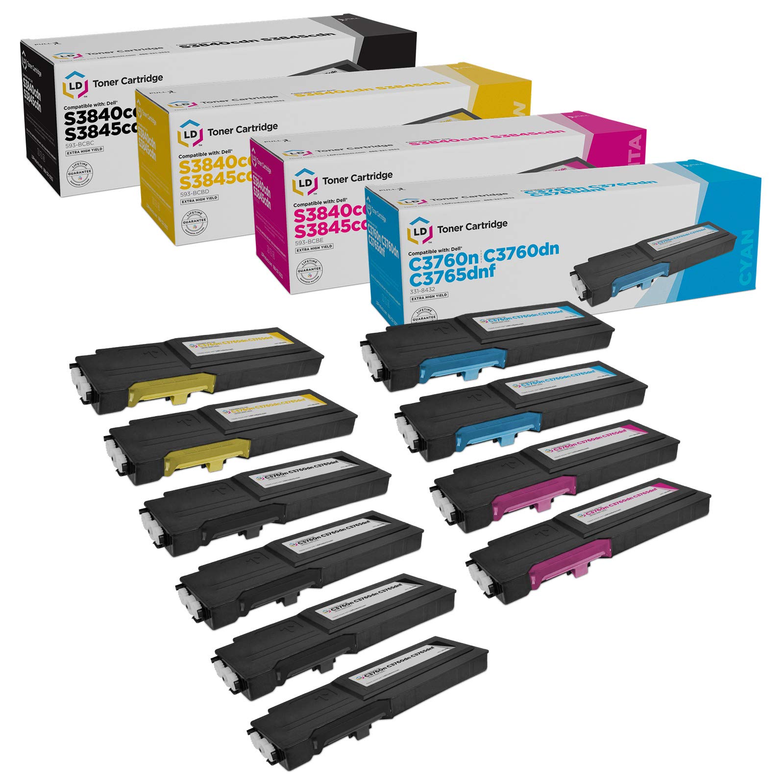 LD Products Compatible Toner Cartridge Replacements for Dell Color Laser C3760 C3765 Extra High Yield (4 331-8429 Black, 2 331-8432 Cyan, 2 331-8431 Magenta, 2 331-8430 Yellow, 10-Pack)