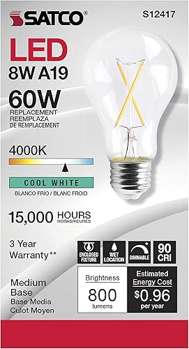 Miniatura 3 de Satco Lámparas de filamento LED regulables, S12417, lúmenes altos, 8 vatios, A19; transparente; base media; 4000 K; 90 CRI; 120 voltios para uso en