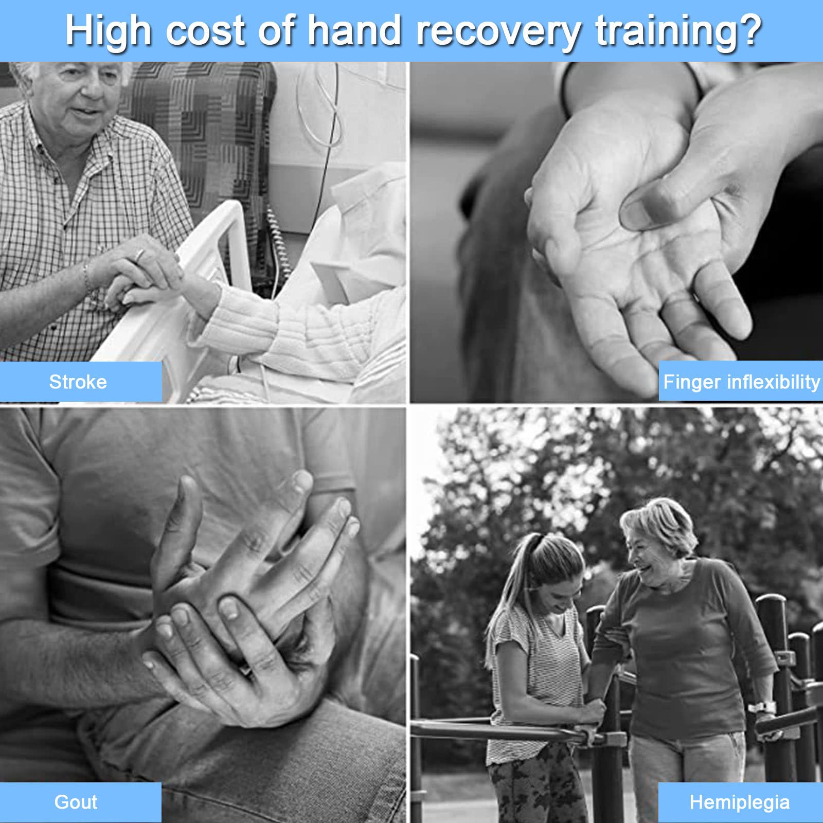 Hemiplegia Finger Rehabilitation Trainer Rękawice, trening palców, ortoza palca, funkcjonalna szyna ręczna dla pacjentów z udarem, niebieski,Right-XL