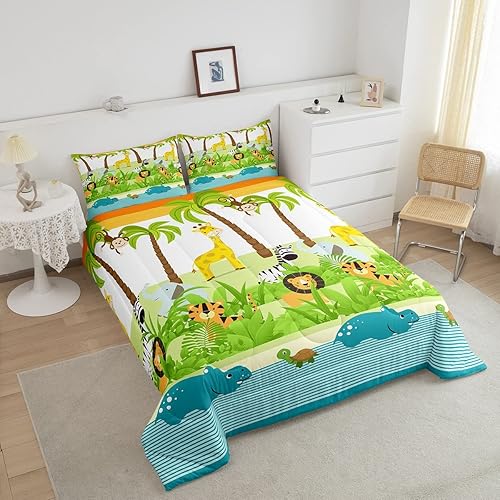 Miniatura 3 de Juego de edredón Kawaii de dibujos animados de animales lindos jirafa león elefante para niñas y niños, bonita decoración botánica de palmera,