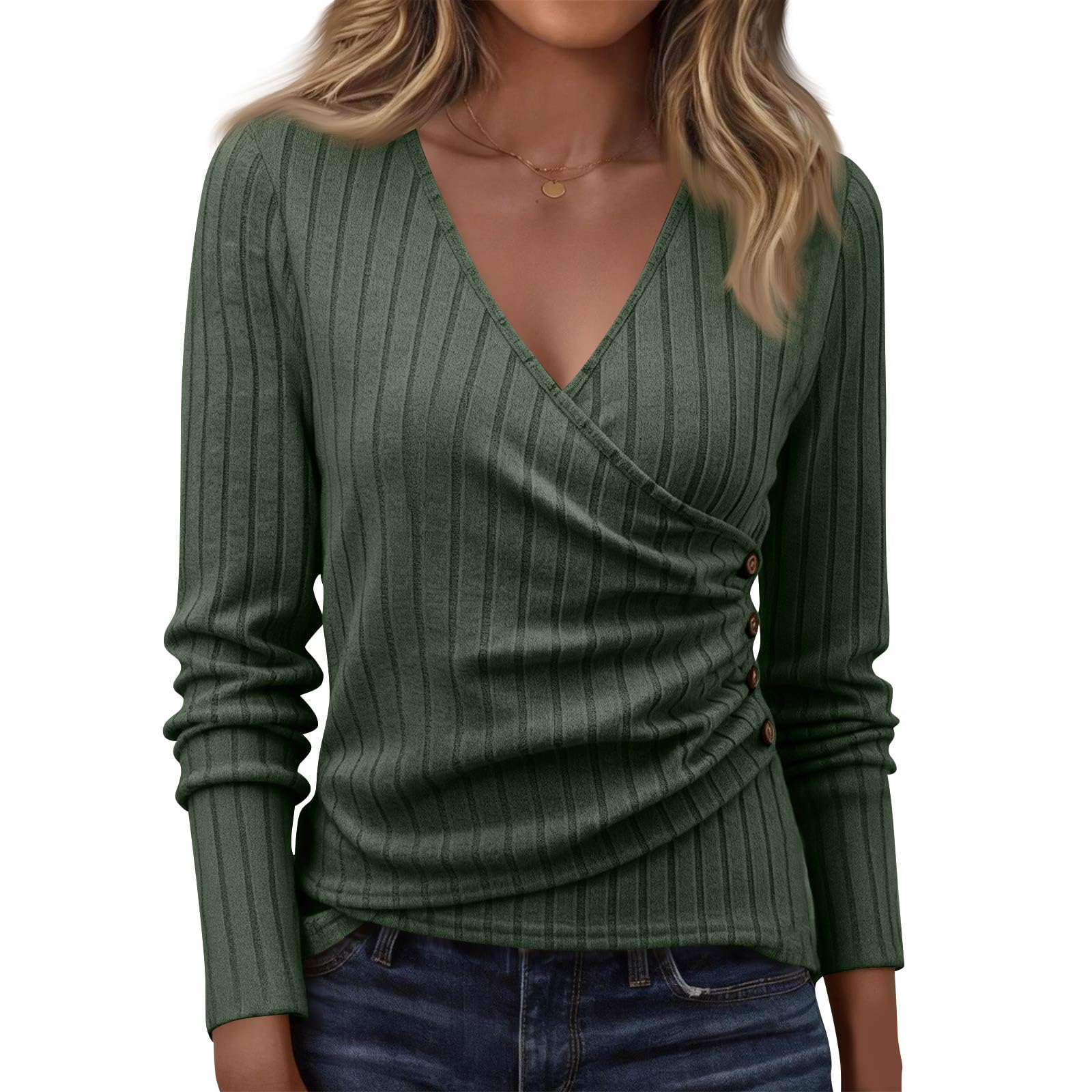 2026 Spring Long Sleeve Shirts for Women Sexy Sweater V Neck Ribbed Knit Slim Fit Wrap Top Casual