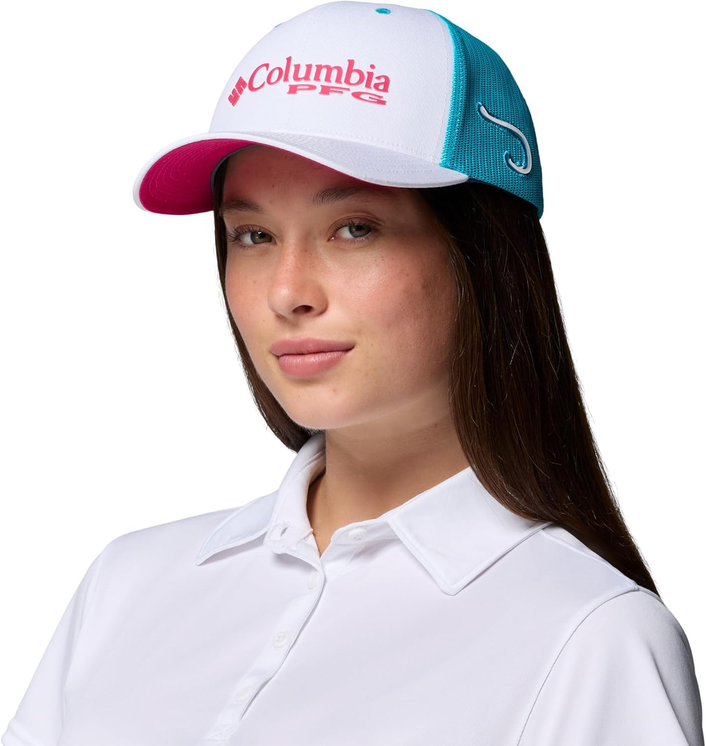 Columbia Unisex PFG Logo Mesh Snap Back, White/Ocean Teal/Guava Pink, One Size