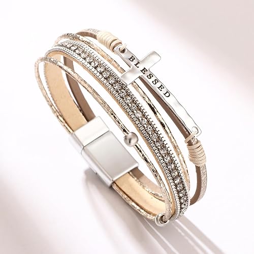 Vista 6 de Fesciory Pulsera de leopardo para mujer, pulsera de cuero bohemio multicapa con perlas de cristal