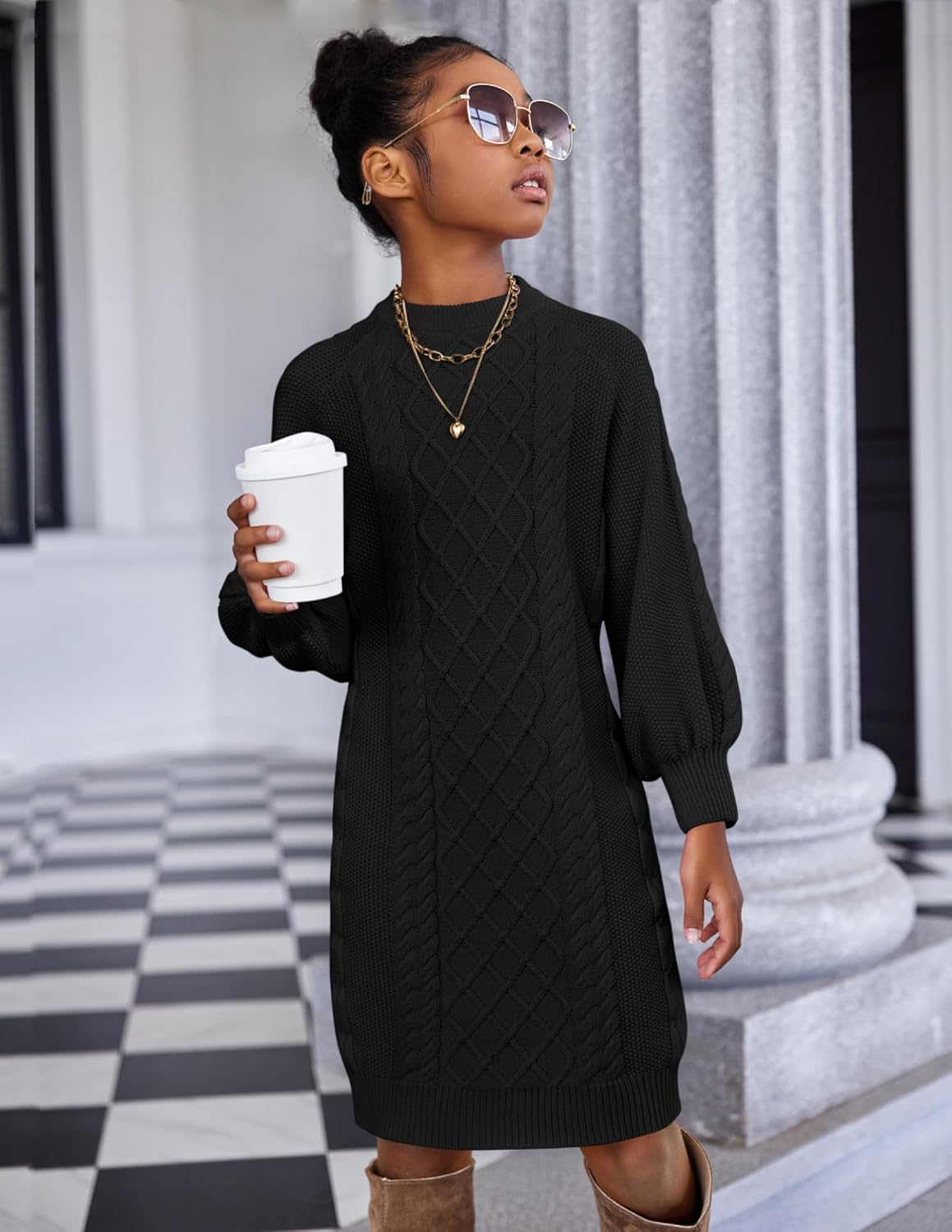 Arshiner Girl's Sweater Dress Puff Long Sleeve Casual Cable Knit Pullover Fall Dresses for 6-12 Years - Image 7