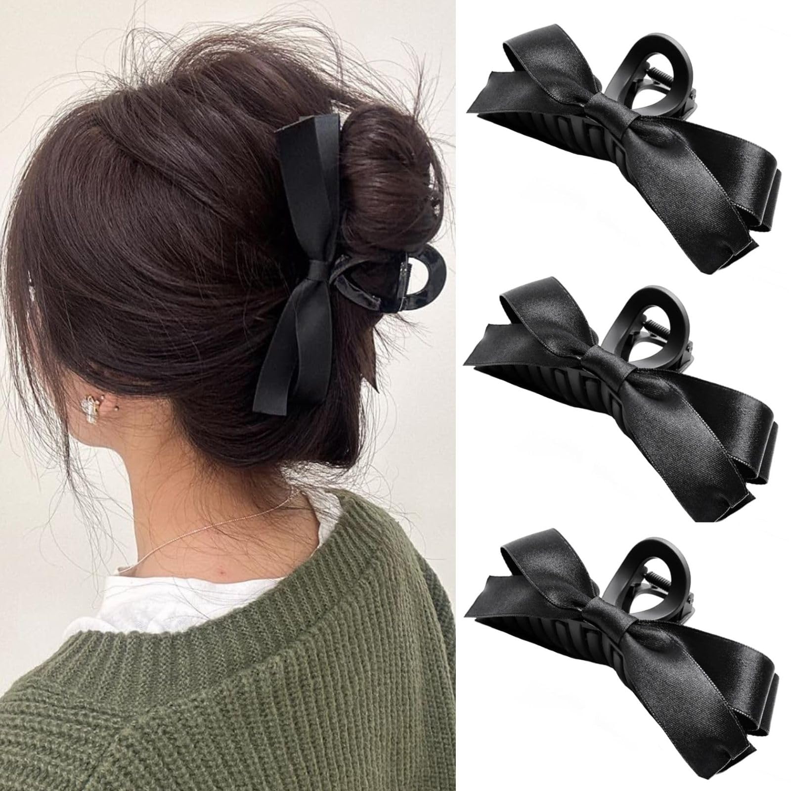 MYCNIMYBow Hair Claw Clips for Women 3pcs Black Big Bow Hair Barrette Nonslip Claw Clip for Thick Thin Hair,Bow Hair Dress Up Accessories for the Perfect Birthday Party Show