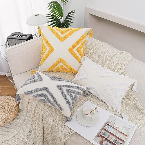 Miniatura 6 de PLWORLD Funda de cojín lumbar bohemia blanca de 12 x 20 pulgadas con borlas, tela de felpilla geométrica copetuda color crema, funda de cojín